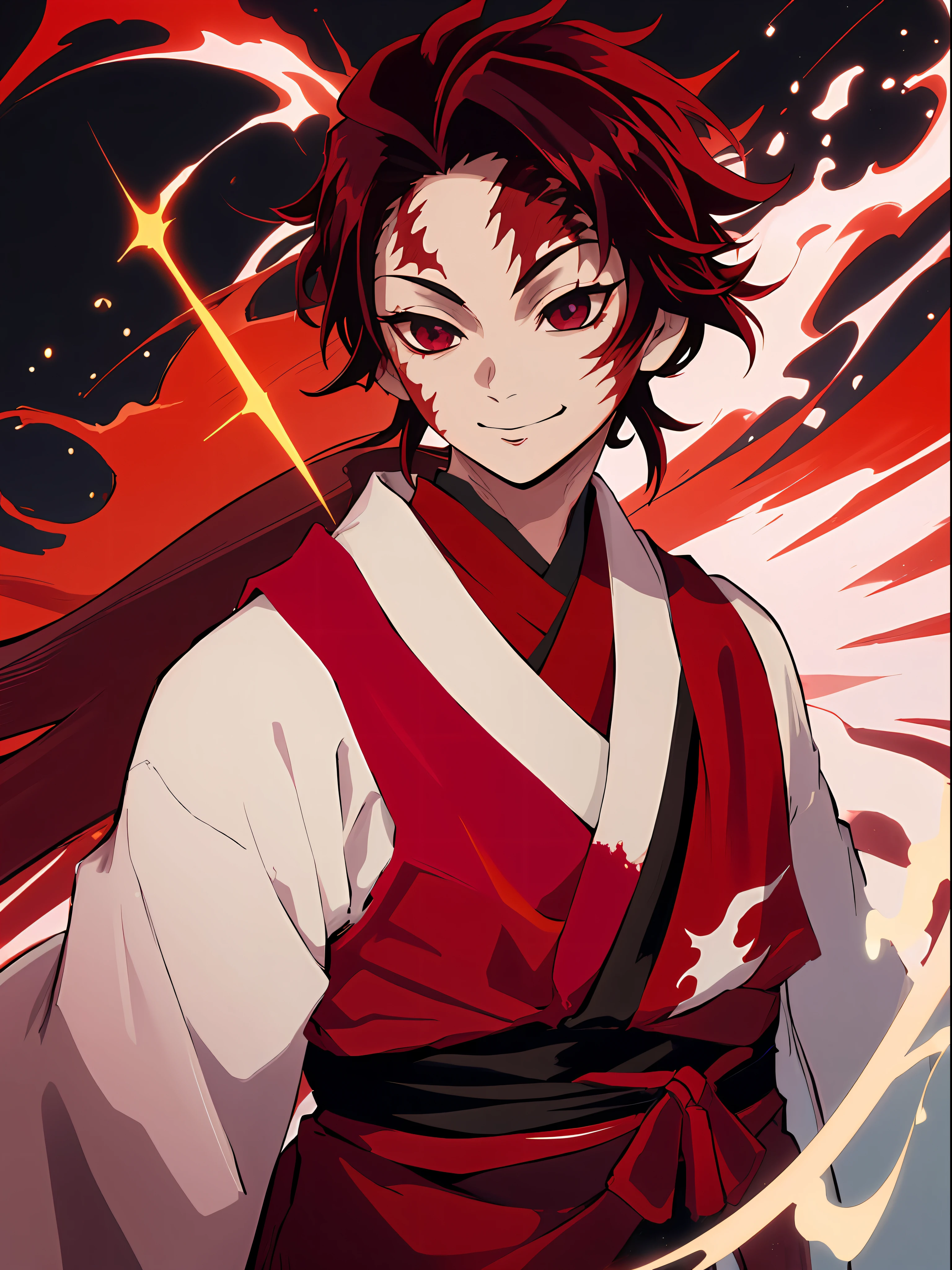 tmasterpiece, beste-Qualit, 独奏, 1boy, Vermilion hair, (scar on face:1.3), dark eyes, dark kimono, upper-body, portraite of a, bloods, ssmile, Devil, earings
