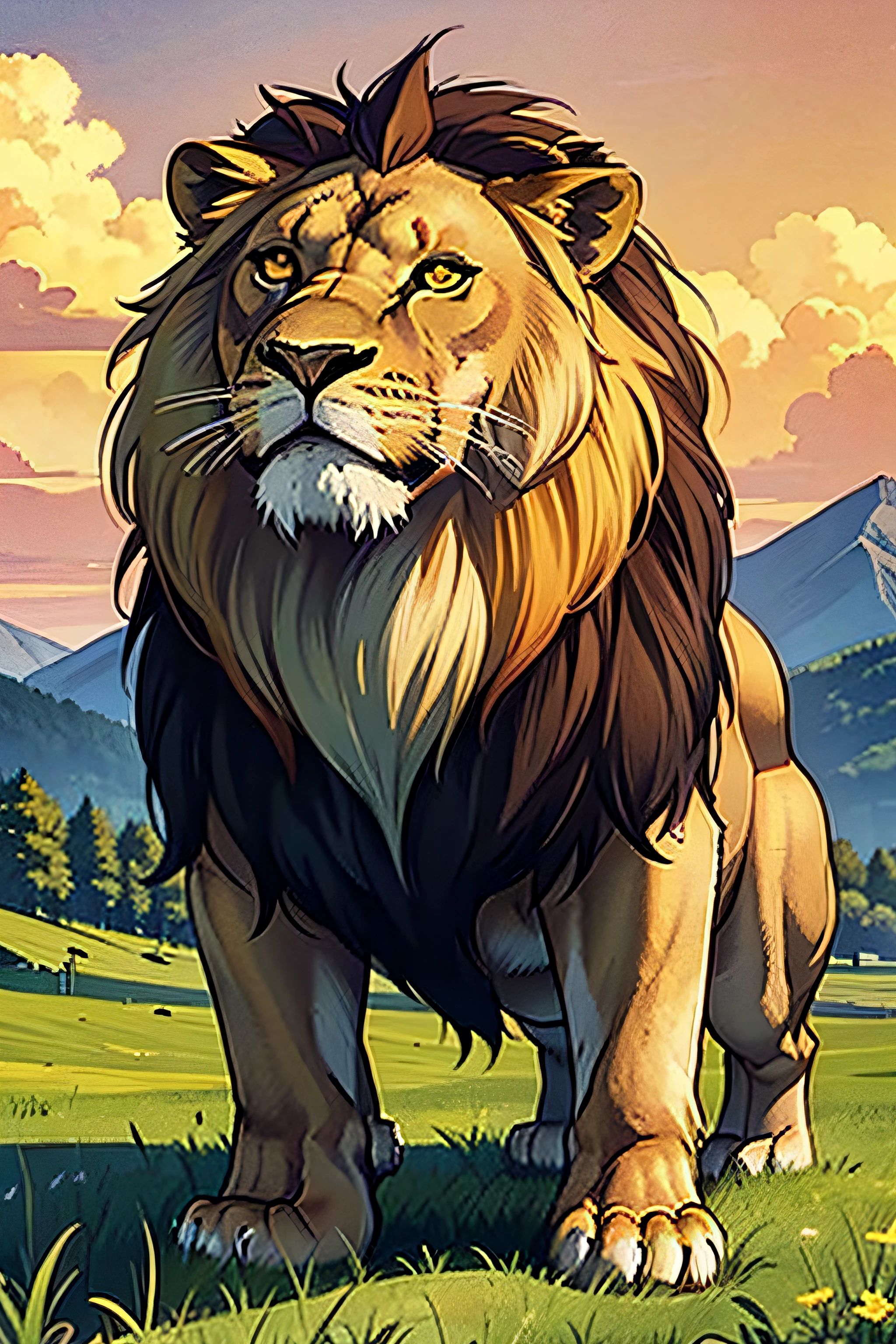The lion is looking up., ((1 large lion)), Standing sideways., Yellow sky, Blue Mountain, Green meadows, comic