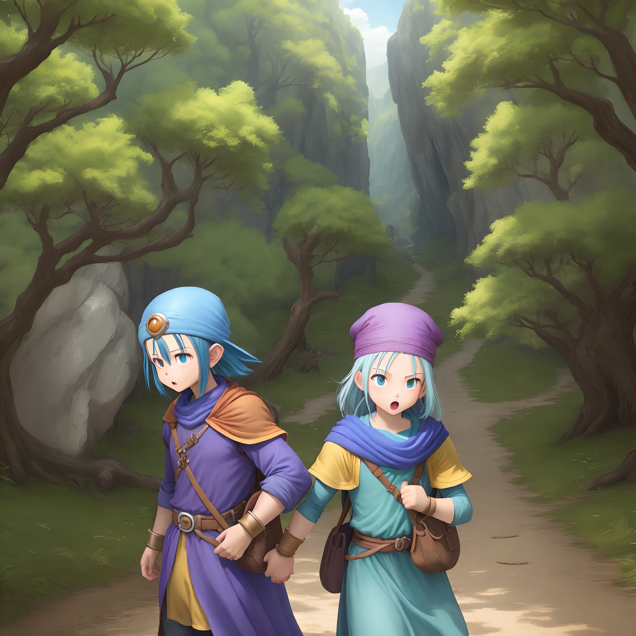 Two anime characters walking down a path in a forest - SeaArt AI