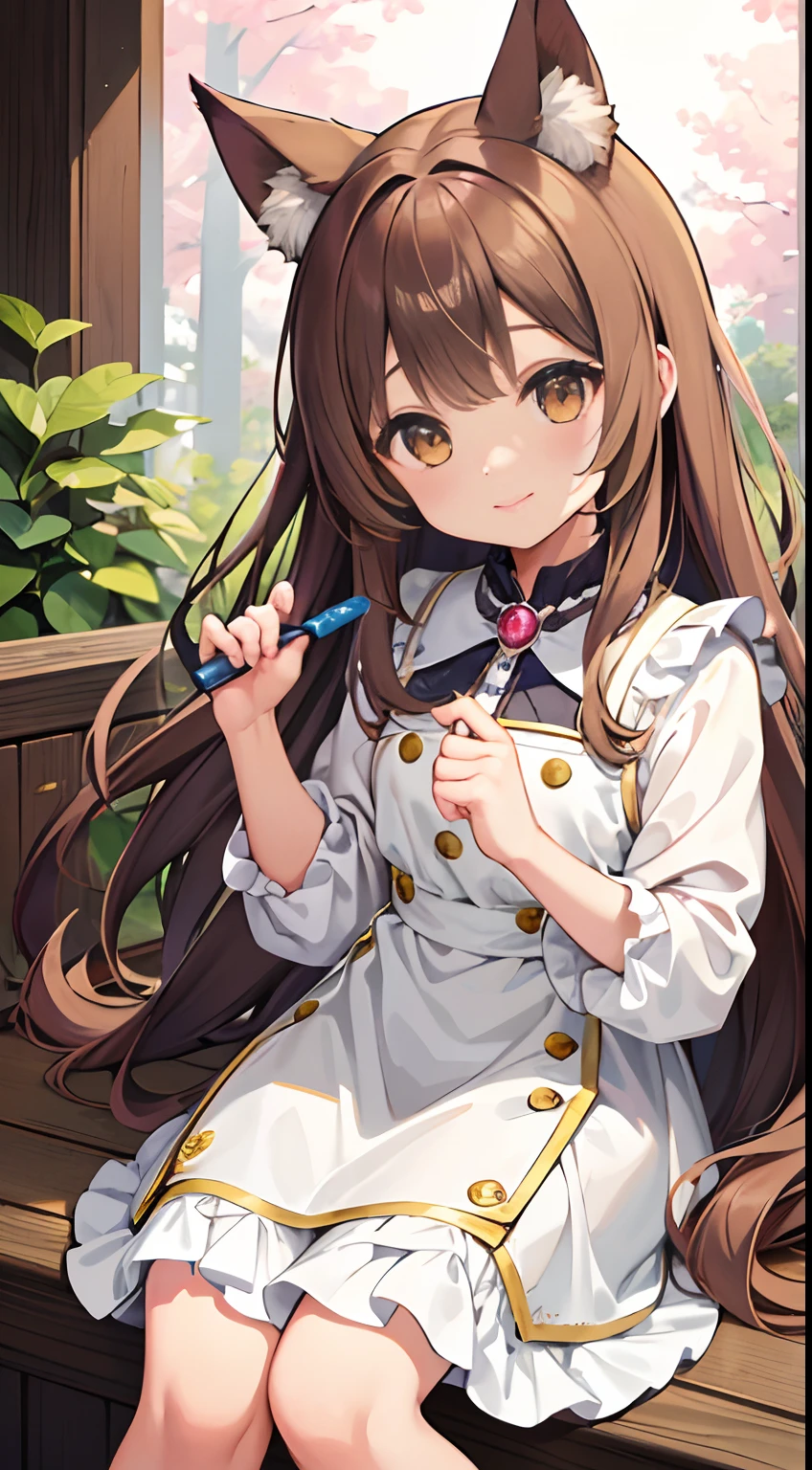 (best quality,highres) A cute girl with cute fuzzy ears and pastel-colored fur stands in front of a vibrant background, surrounded by a gentle crayon-like texture. She has long, brown hair and beautiful brown eyes that sparkle with warmth and curiosity. Her hair flows down in soft waves, framing her adorable face. The girl exudes an aura of serenity and confidence, with a slight tilt of her head and a gentle smile. She is petite in size, adding to her charm and innocence. The overall scene is bathed in soft, warm lighting, accentuating the warm tones of her fur and hair. The pastel colors that dominate the scene create a dreamlike atmosphere, as if the girl exists in a world straight out of a fairy tale. The artwork is a masterpiece, with ultra-detailed lines and intricate textures that bring the character to life. The combination of the girl's cuteness, the pastel color palette, and the crayon-like texture gives the artwork a unique and whimsical style.