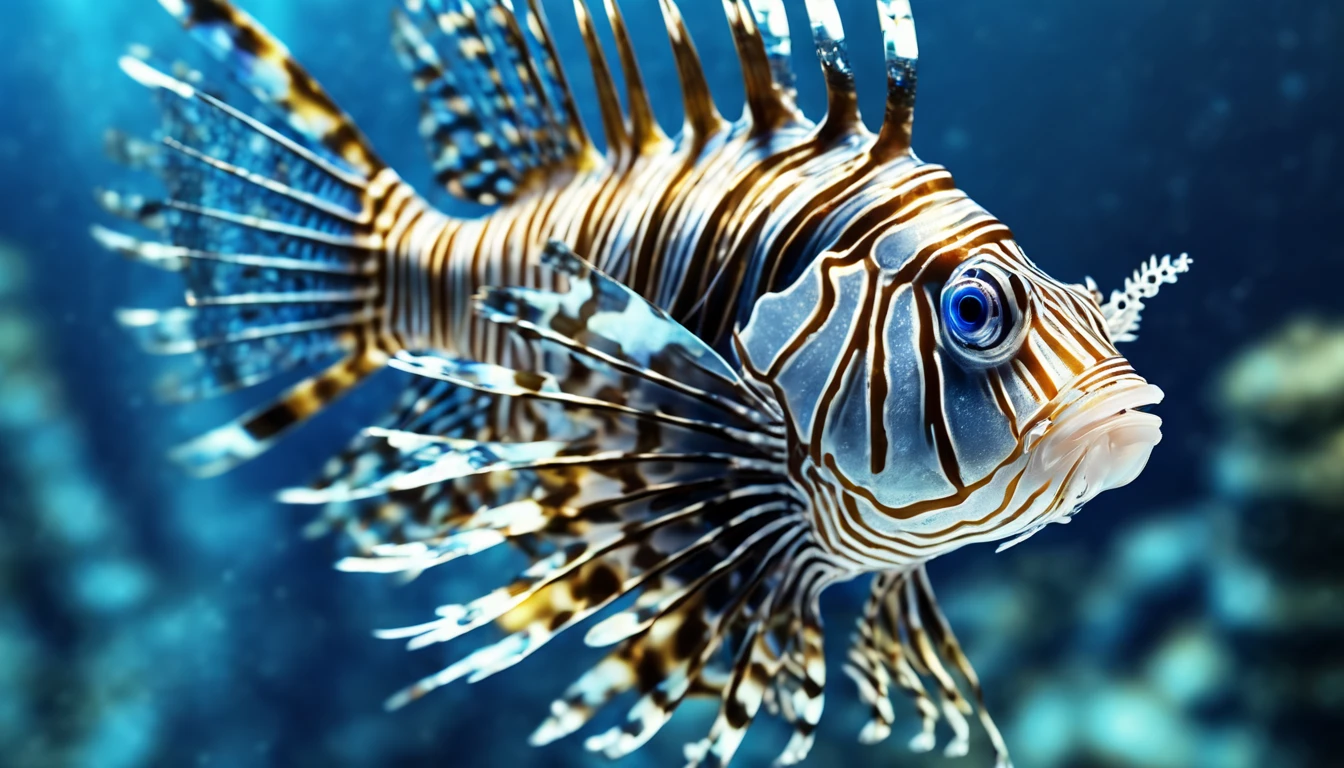 (highres:1.2),cybernetic chrome lionfish with gold trim, luminous blue eyes, metallic silver scales, streamlined fins, gears and wires can be seen behind some glass scales , underwater, centered, depth of field,
