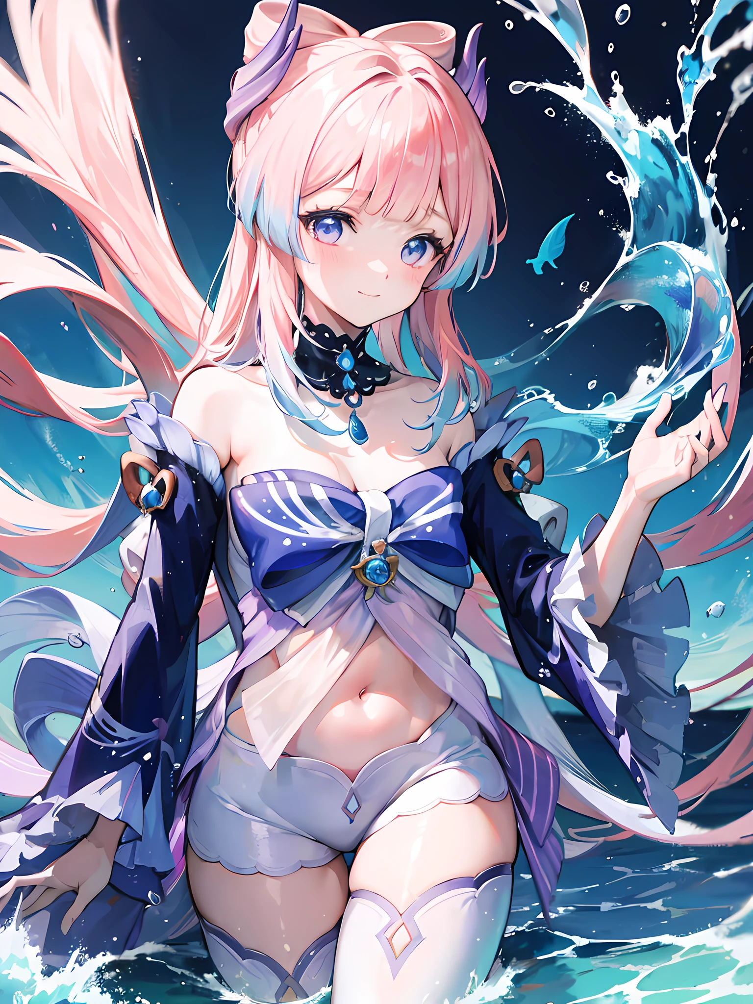 kokomidef, upper body, smile, (under the water), under the sea, colorful fishes, beautiful water, (1girl), beautiful anime artwork, ultrasharp, masterpiece, high res, 8k