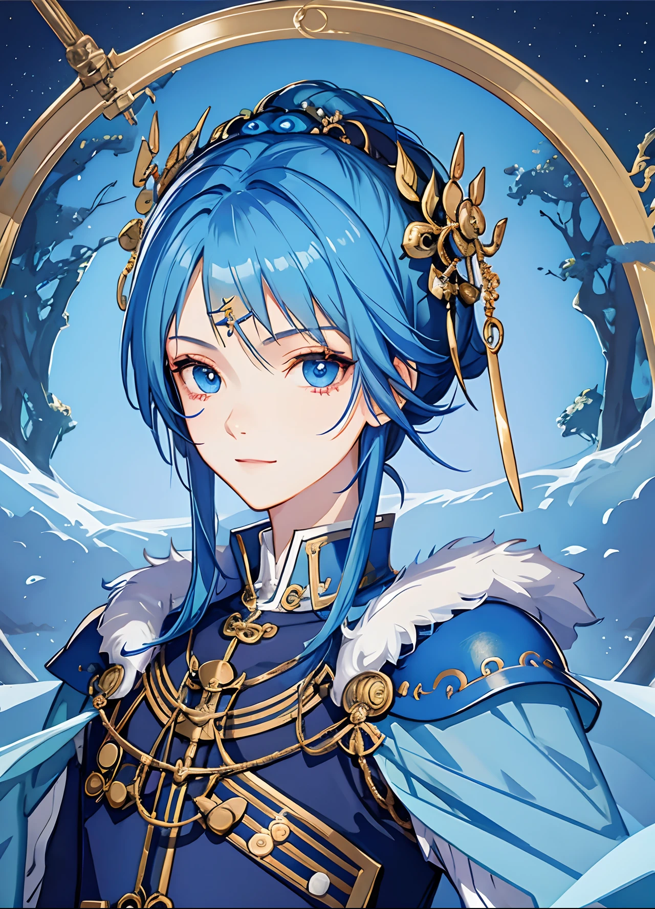 ​masterpiece、top-quality、超A high resolution、2D Bishonen、animesque、Teenage Boy、Blue hair、short-haired、an eye patch、Beautiful blue eyes、swordsmen、The clothes are also depicted in detail、Eyes are depicted in detail、The face is depicted in detail、sorcerer、soio、Gentle smile、hair adornments、animesque、illustratio