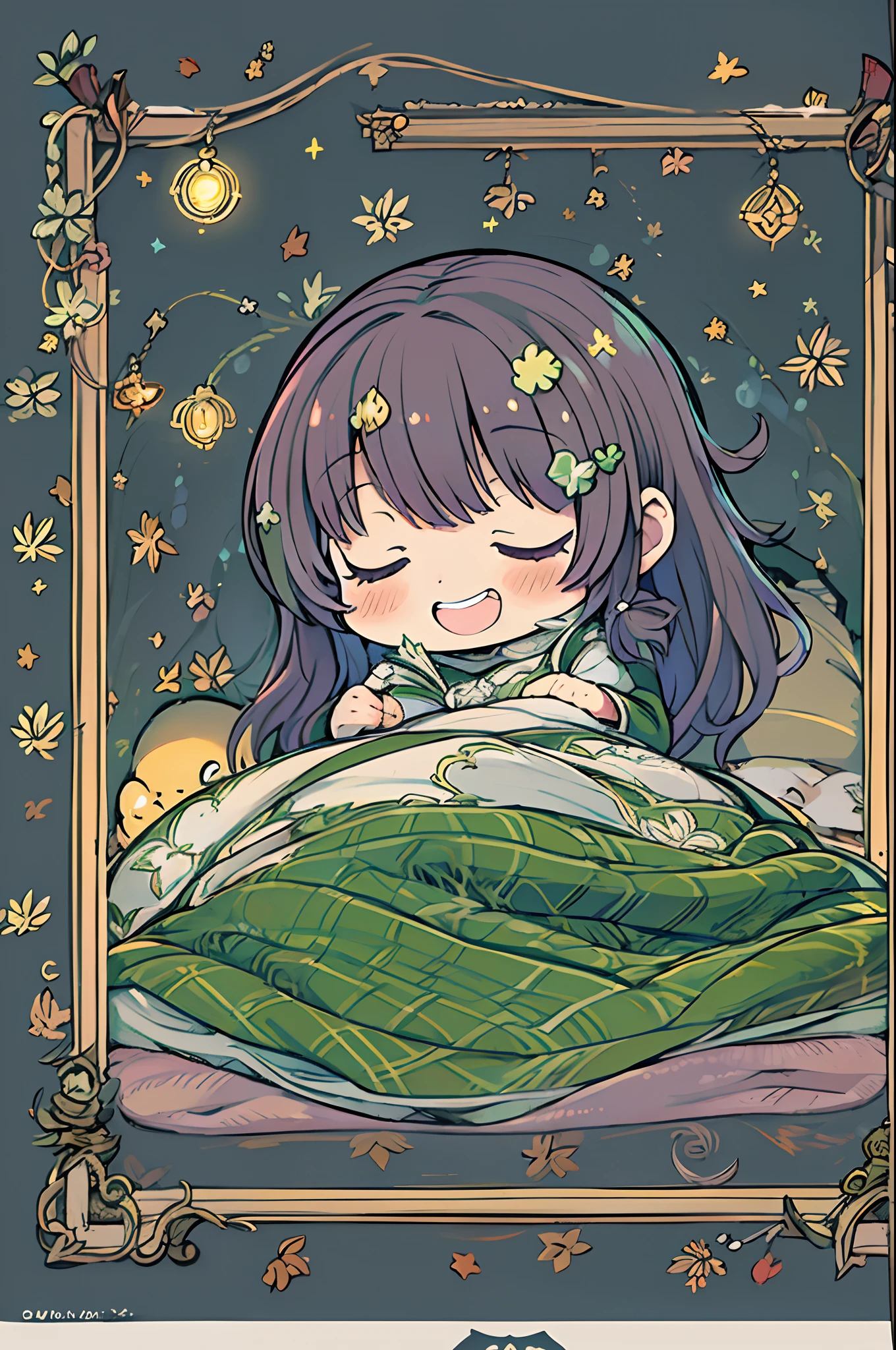 masutepiece, Best Quality, 1 girl, Solo, effect, Dark background, Sleeping in bed with a happy face,Chibi、bbw, Chibi Art,Moonlight