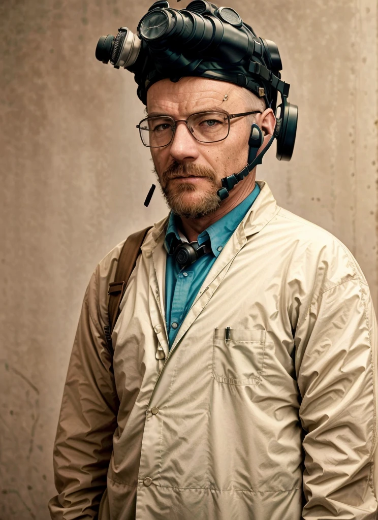 A stunning intricate full colour upper body photo of man wearing glasses, (wearing a lab coat and a gas mask on the head), bald,
epic character composition,
by ilya kuvshinov, alessio albi, nina masic,
sharp focus, natural lighting, subsurface scattering, f2, 35mm, film grain