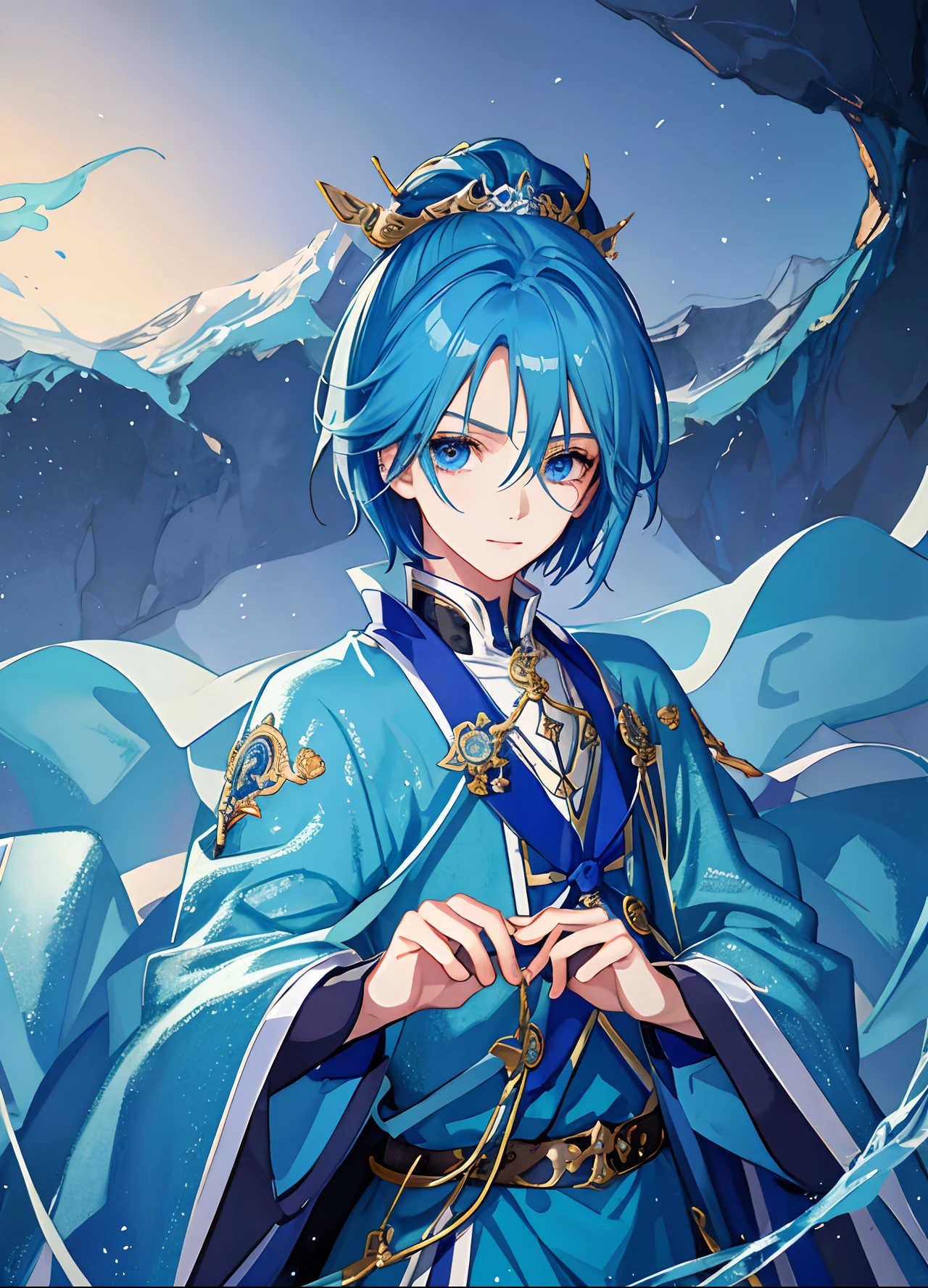 masterpiece、top-quality、超A high resolution、2D Bishonen、animesque、Teenage Boy、Blue hair、short-haired、an eye patch、Beautiful blue eyes、swordsmen、The clothes are also depicted in detail、Eyes are depicted in detail、The face is depicted in detail、sorcerer、soio、Gentle smile、hair adornments、animesque、illustratio