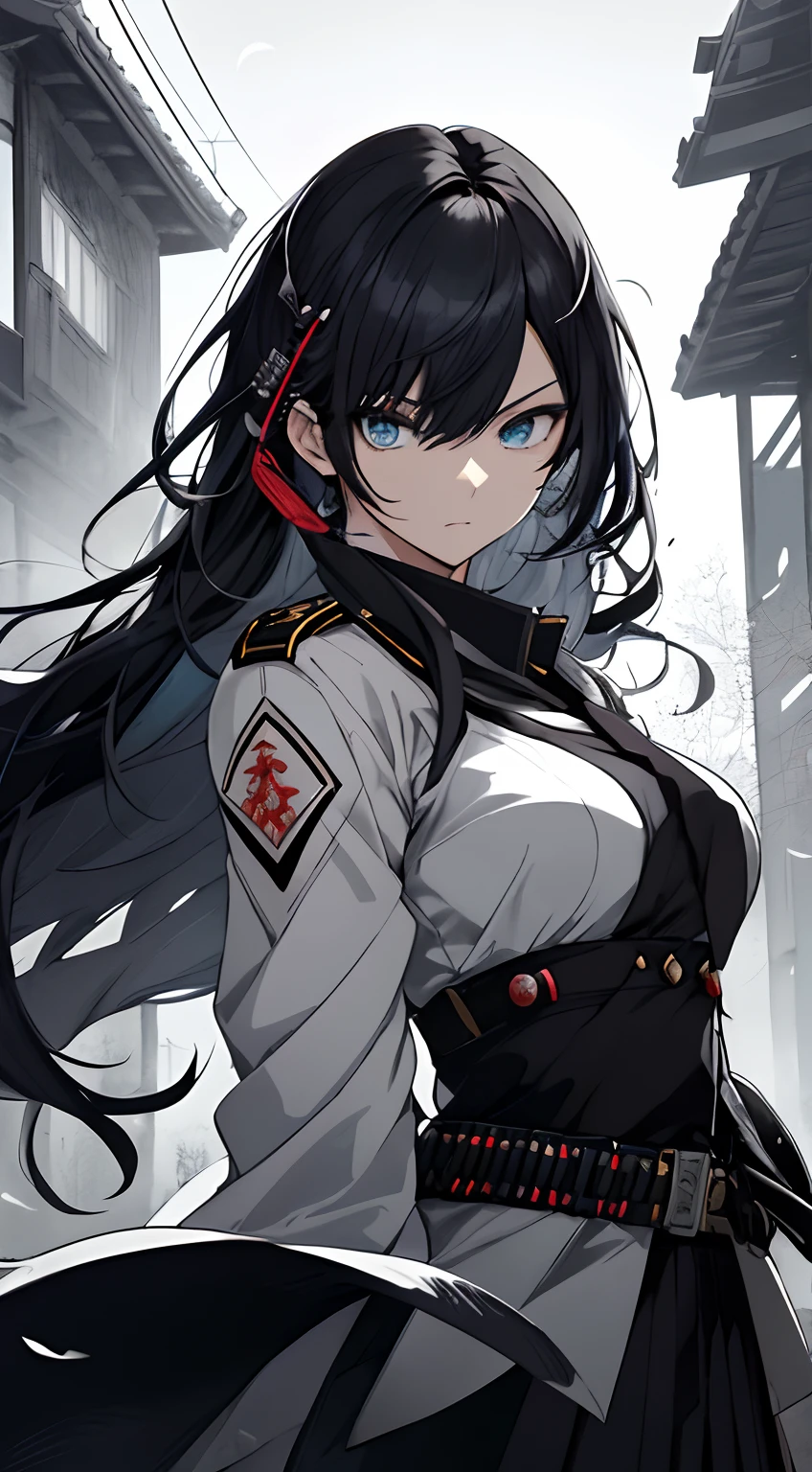 Japanese Katana Sword、Samurai sword、Full body、White one-piece military uniform、 Jet black head of hair,(masutepiece:1.2, Best Quality), (finely detailed beautiful eye: 1.2), (Detailed background,Dark Fantasy), (beautifull detailed face), High contrast, (Best Illumination, extremely delicate and beautiful), ((Cinematic Light)), Colorful, Hyper Detail, Dramatic light, Intricate details,Very blue eyes, Shining eyes, long hair flowing with the wind、large full breasts、Belt under the chest、White military uniform, skirt by the, large full breasts, Long hair fluttering in the wind, swords, jet-black hair, Blue eyes, Black tie, Belt under the chest, Serious look,