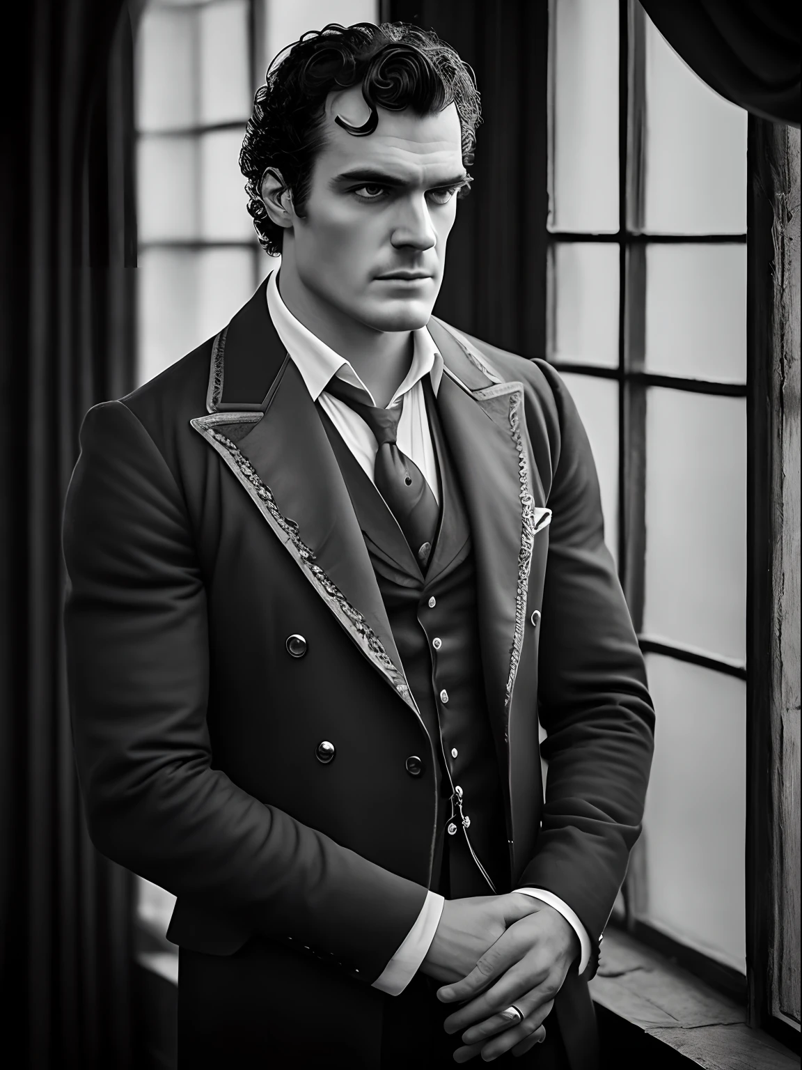 Collodion process a solemn portrait of a heavenly handsome Henry Cavil as a Victorian man in his elaborate attire, his gaze distant yet very intense, captured with a vintage Deardorff 8x10 camera, evocative portraits, afternoon, soft window light, overcast