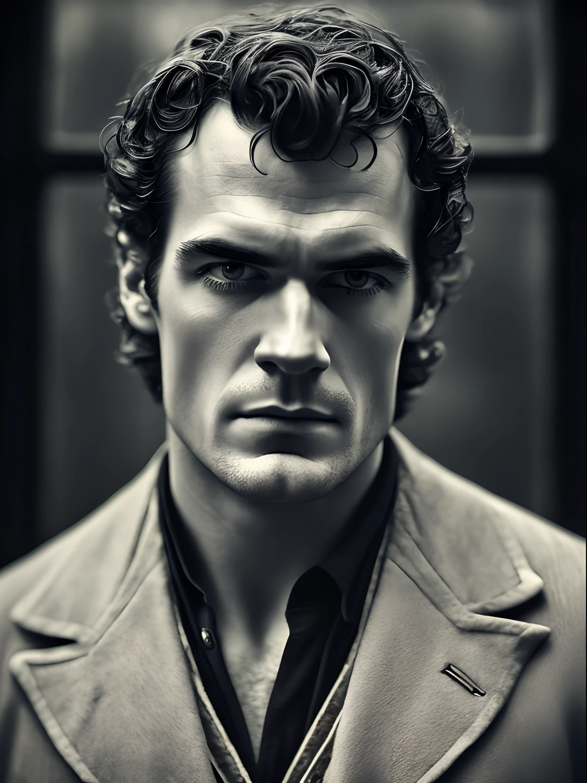 Collodion process a solemn portrait of a heavenly handsome Henry Cavil as a Victorian man in his elaborate attire, his gaze distant yet very intense, captured with a vintage Deardorff 8x10 camera, evocative portraits, afternoon, soft window light, overcast