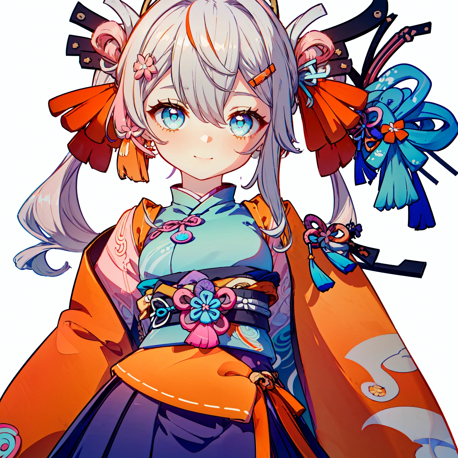 1girl, (solo:1.6), female focus, female, girl, masterpiece, best quality, high quality, (gray hair color:1.3), long hair, wavy hair, hair between the eyes, (low pigtails:1.25), (blue eye color:1.3), looking at viewer, flatchested, shut up, closed mouth, light smile, smile, smiling, (light blue shirt:1.3), (orange and pink haori, orange and pink jacket, orange and pink hip-length jacket:1.5), (blue hairclips, light blue skirt, purple belt:1.75), thin body, (tan skin:1.5), colored skin, (white background:1.65), (upperbody, half-body adaptable, upper-body, head, chest, close-up, character in frame:1.5), perfect hands, ((middle-centered)),