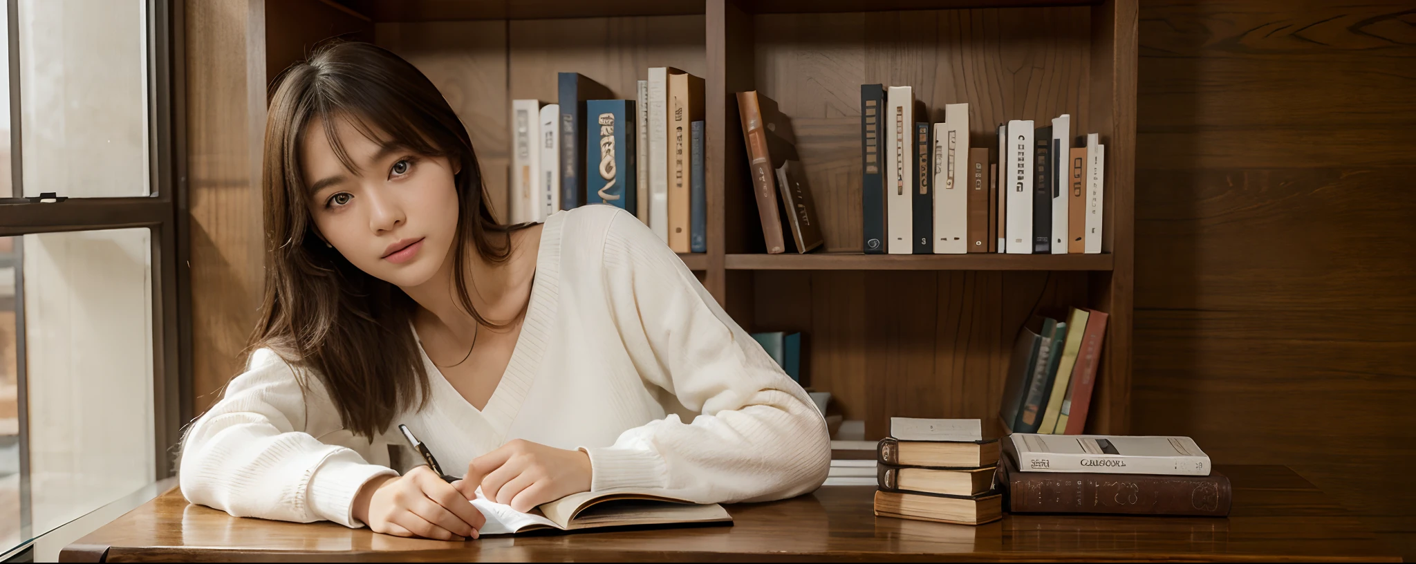 Portrait of 1 sitting at a desk studying beautiful Korean model 18 years old dressed in something cozy and white, Symmetrical Hyper Detailed Book, dark oak table, soft studio lighting, On the background of a dark oak shelf, A lot of books, снято на Canon EOS 5D Mark IV, снято на Canon EOS 1D X Mark III, Symmetrical Beautiful Hyper Detailed Eyes, Wooden furniture, Wooden walls