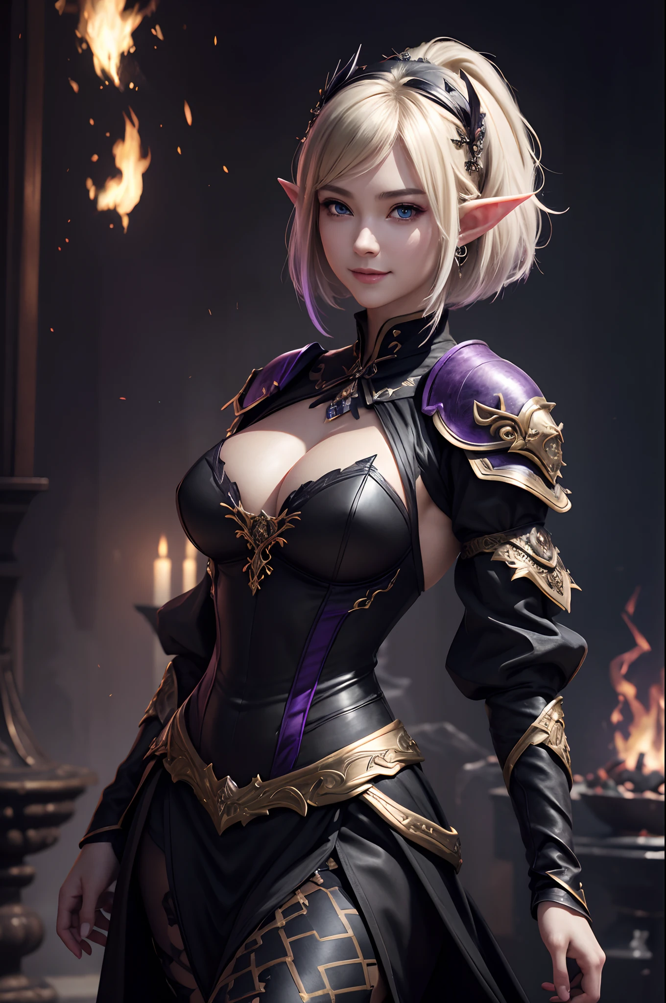 8K、Super Beautiful Elves、real looking skin、Luxurious large chest purple and black chest armor、elf-ears,Black Flame(Black Flame Effect),Model Chute Style、(Highly detailed CG Unity 8k wallpaper)、Full shot body photos of the most beautiful artwork in the world、Front Four Poses、Demon Slayer of the Elves、Blonde short bob hair、Green Valley,Purple and black skirt、Pearl Skin、Diamonds、medieval architecture、Ed Brink、Ateigairan、Studio Ghibli、Jeremy Mann、Greg Manchess、Antonio Moro、trending on artstationh、Trending in CG、 Precision and、Up to detail、Sharp focus、Dramatic and photorealistic painting art by Midjourney and Greg Rutkowski、Sexy costume、Blue eyes、See the viewer、beautiful expression、Emphasize large cleavage、Beautiful decoration、Black flames emitted from the body(Tremendous large black flame effect),a smile,