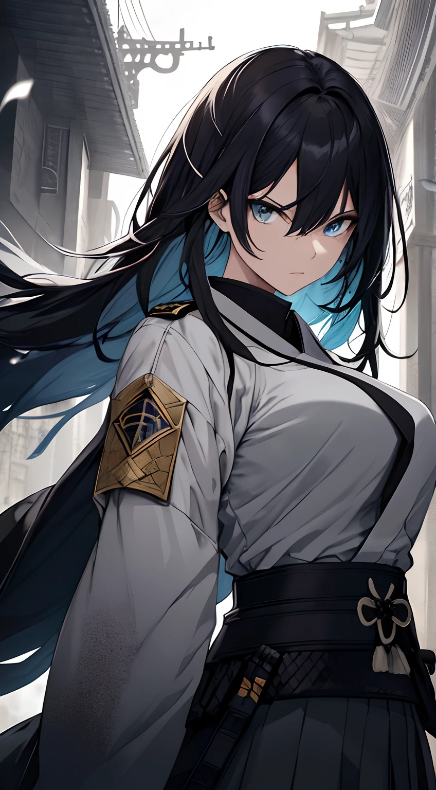 Japanese Katana Sword、Samurai sword、Full body、White one-piece military uniform、 Jet black head of hair,(masutepiece:1.2, Best Quality), (finely detailed beautiful eye: 1.2), (Detailed background,Dark Fantasy), (beautifull detailed face), High contrast, (Best Illumination, extremely delicate and beautiful), ((Cinematic Light)), Colorful, Hyper Detail, Dramatic light, Intricate details,Very blue eyes, Shining eyes, long hair flowing with the wind、large full breasts、Belt under the chest、White military uniform, skirt by the, large full breasts, Long hair fluttering in the wind, swords, jet-black hair, Blue eyes, Black tie, Belt under the chest, Serious look,