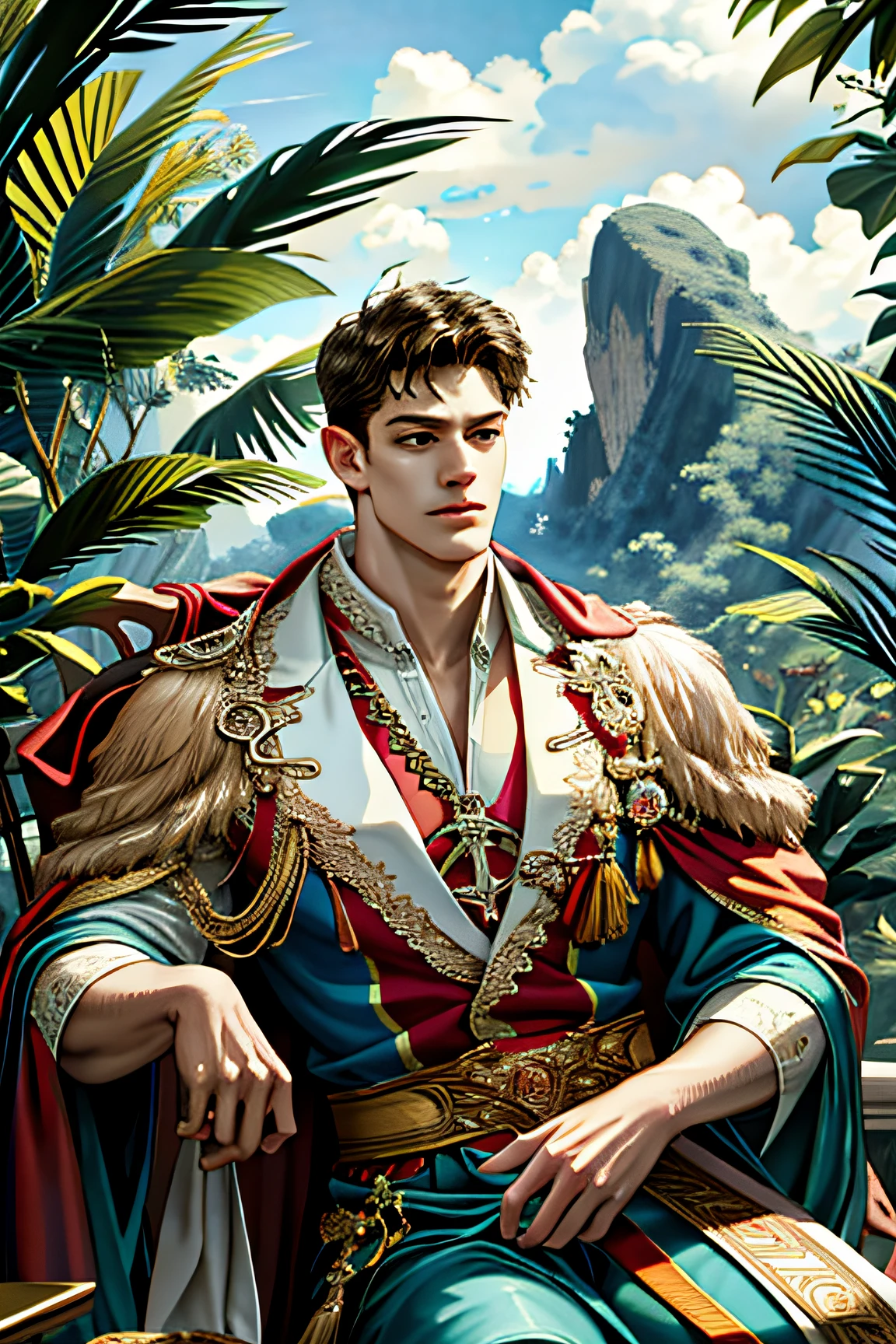(absurdres, highres, ultra detailed), 1 male, adult, handsome, tall muscular guy, broad shoulders, intricate details, colorful, portrait, looking up, solo, half shot, detailed background, detailed face, (tropical jungle theme:1.1), royal imperial monarch, floating particles, rose petals, sitting on floor, stoic expression, palace terrace background, overlooking mountain, symmetrical composition, sidelighting, cinematic atmosphere, shadows, long color cape