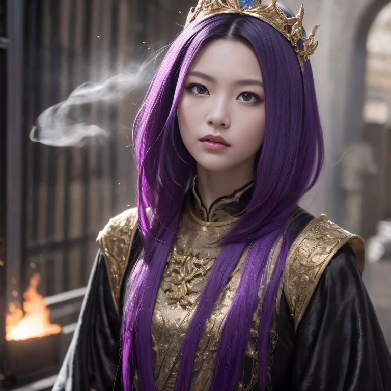 32K（tmasterpiece，k hd，hyper HD，32K）Long flowing bright purple hair，Autumn Pond，zydink， a color， Asian people （Silly girl）， （Silk scarf）， Combat posture， looking at the ground， long whitr hair， Floating bright purple， Fire cloud pattern gold tiara， Chinese long-sleeved gold silk garment， （abstract ink splash：1.2）， white backgrounid，Lotus protector（realisticlying：1.4），Bright purple hair，Smoke on the road，The background is pure， A high resolution， the detail， RAW photogr， Sharp Re， Nikon D850 Film Stock Photo by Jefferies Lee 4 Kodak Portra 400 Camera F1.6 shots, Rich colors, ultra-realistic vivid textures, Dramatic lighting, Unreal Engine Art Station Trend, cinestir 800，Long flowing bright purple hair