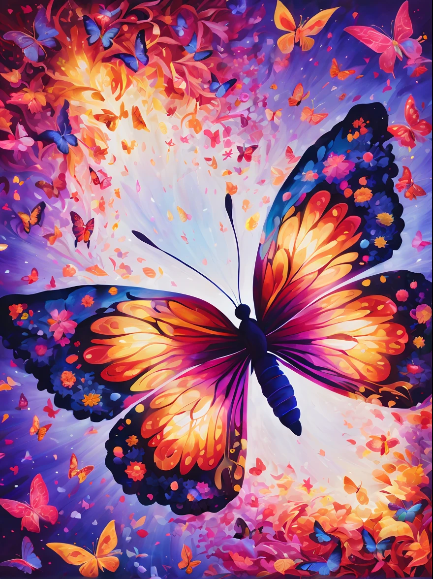 (best quality,highres,ultra-detailed),a butterfly, a kaleidoscope of butterflies, lots of glowing butterflies,purple and pink, gold and red,vibrant colors,abstract art,diverse textures,playful composition,bright lights,energy flow,harmonious design,transformational patterns,interconnected lines,surreal atmosphere,nature-inspired elements,symmetry,fluid motion,shimmering effects,mysterious depth,mesmerizing optical illusions,visual poetry