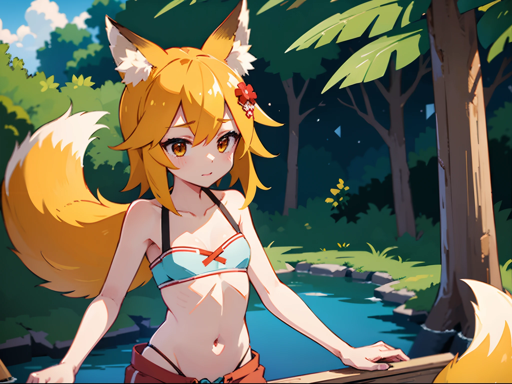 (masterpiece), best quality, high quality, tube top, bando top, dolphin shorts, , erotic, sexy, seductive, hot, senko, fox tail, fox ears, flat chest, in the nature