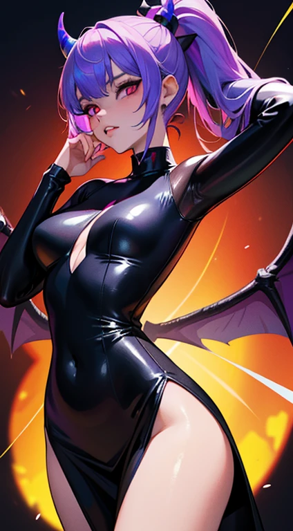 1girl, cum on face, , cum, cumfacial, facial ,cumfacial55,, ((Masterpiece)), best quality, absurderes, ultra detailed, holographic, cowboy shot, demon girl, mature girl, super beautiful asian girl with very beautiful violet glowing eyes, beautiful glowing white multicolored hair, high ponytail, bueautiful glowing demon horns, super beautiful and stunning luminous devil wings, nice and sexy body, slim body, perfect body, wearing a black mini dress, super tight dress, translucid dress, playing in a funny hell, flirting with viewer