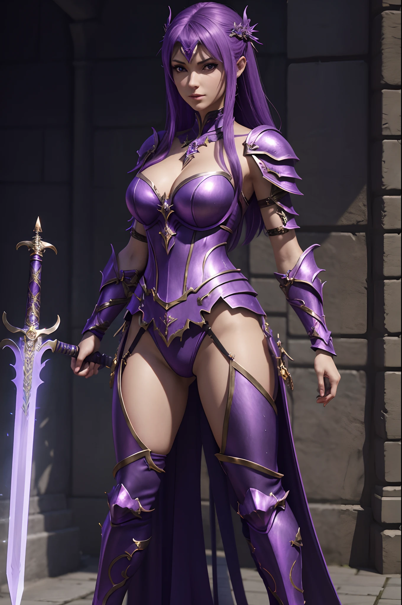 Alafed woman in purple costume posing with sword, super detailed fantasy characters, 3 d render character art 8 k, ArtGerm ; 3d unreal engine, fantasy outfit, 4 k detail fantasy, 2. 5 d cgi anime fantasy artwork, stunning armor, fantasy character, Gorgeous Female Paladin, alluring mesmer woman, Stunning character art