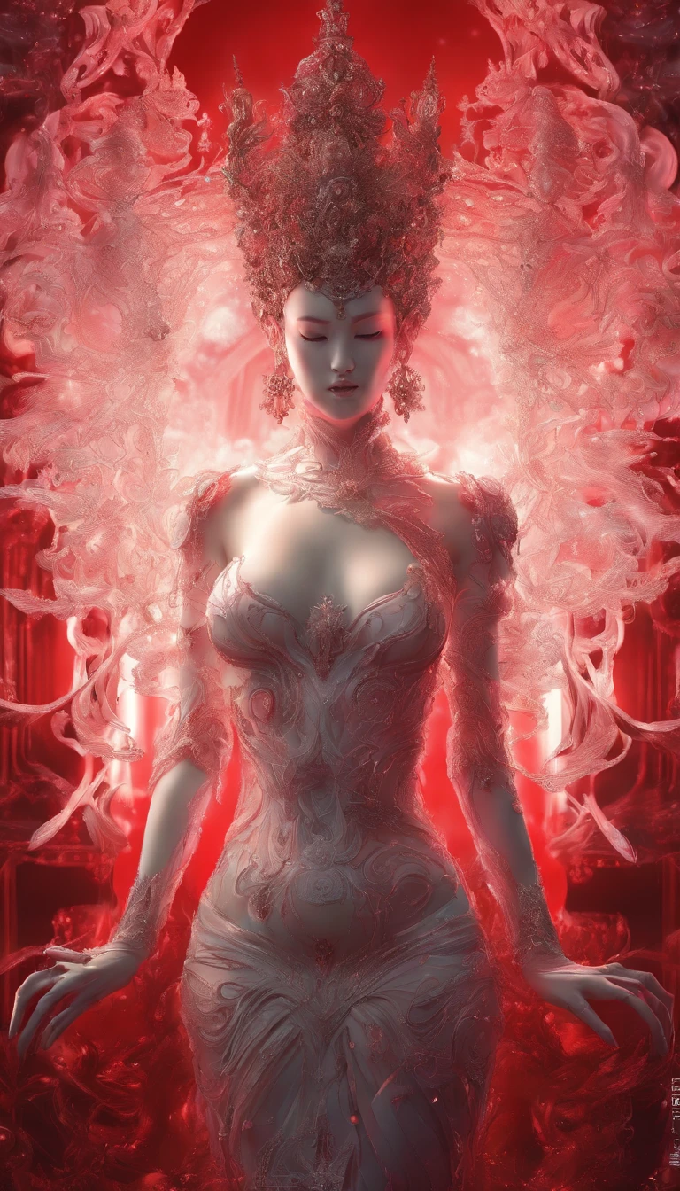 Blood red room, Flashing white TV screen, BUDDHA STATUE, cabelos preto e longos, with hair dishevelled, Cover one eye and face, Bright red eyes, Wearing a white transparent robe, Looming full breasts,liquor,Devil, reaching out her hands,Straighten your body, Red nails are exposed, Pinch the camera, hyper HD, Anatomically correct, Textured skin, Super detail, High details, High quality, A high resolution, 8K, hyper HD, Anatomically correct, Textured skin, Super detail, High details, High quality, Best quality, 8K,Leishnampo,Room 2,Horror