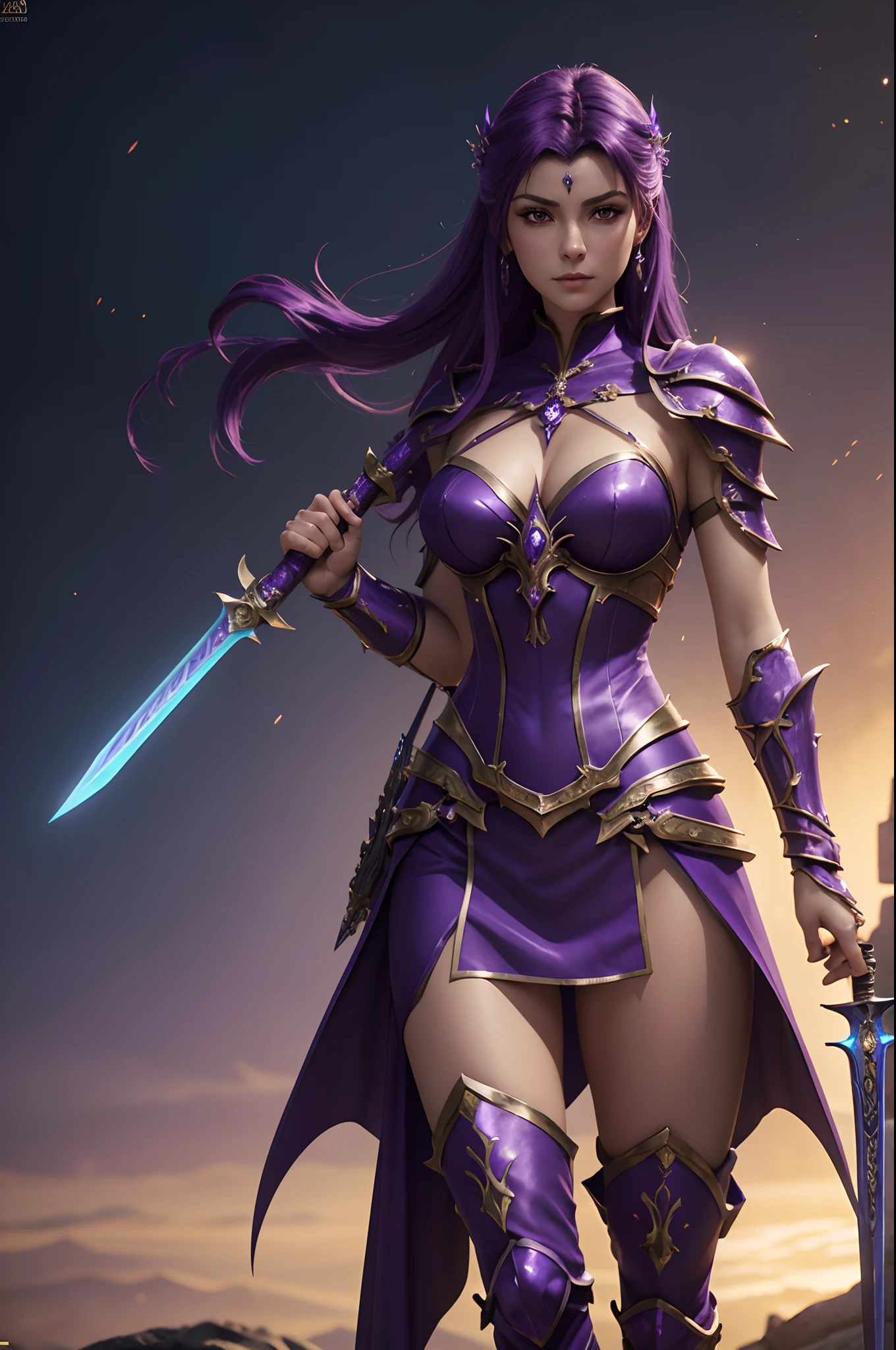 Alafed woman in purple costume posing with sword, super detailed fantasy characters, 3 d render character art 8 k, ArtGerm ; 3d unreal engine, fantasy outfit, 4 k detail fantasy, 2. 5 d cgi anime fantasy artwork, stunning armor, fantasy character, Gorgeous Female Paladin, alluring mesmer woman, Stunning character art