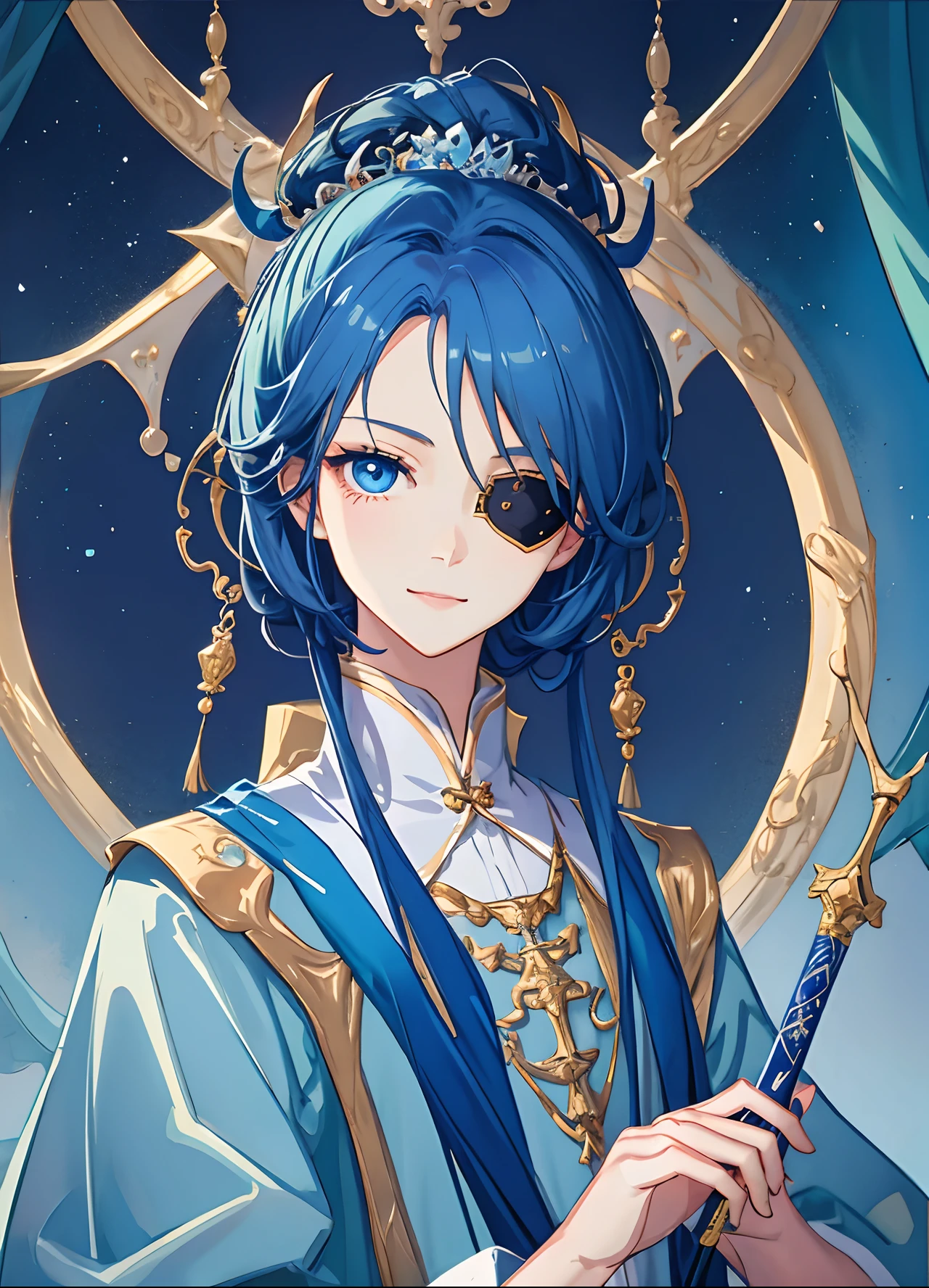 masterpiece、top-quality、超A high resolution、2D Bishonen、animesque、Teenage Boy、Blue hair、short-haired、an eye patch、Beautiful blue eyes、Dragon Knight、The clothes are also depicted in detail、Eyes are depicted in detail、The face is depicted in detail、sorcerer、soio、Gentle smile、hair adornments、animesque、illustratio