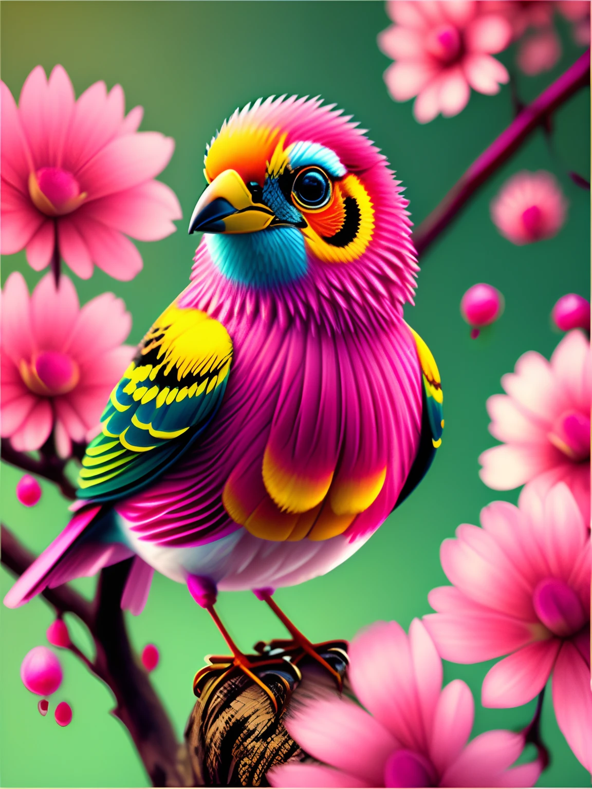 pink flowers, CGI art, red-yellow color, surreal sparrow, Pinterest, photorealistic art style, rich colors, AI-generated images, highly detailed portrait, bird sitting on a branch singing for you, breathtaking rendering