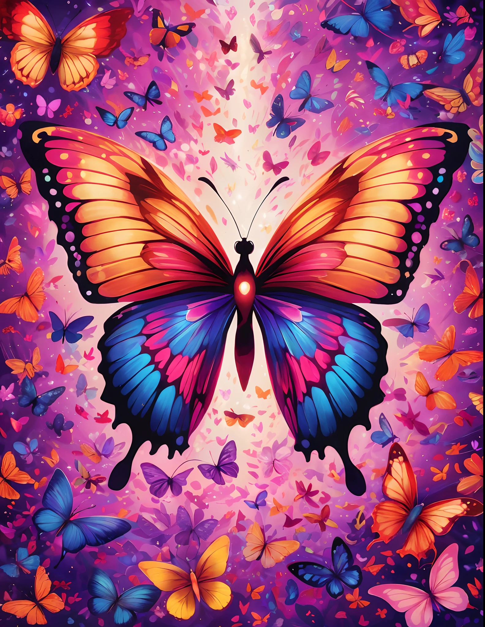 (best quality,highres,ultra-detailed),a butterfly, a kaleidoscope of butterflies, lots of glowing butterflies,purple and pink, gold and red,vibrant colors,abstract art,diverse textures,playful composition,bright lights,energy flow,harmonious design,transformational patterns,interconnected lines,surreal atmosphere,nature-inspired elements,symmetry,fluid motion,shimmering effects,mysterious depth,mesmerizing optical illusions,visual poetry