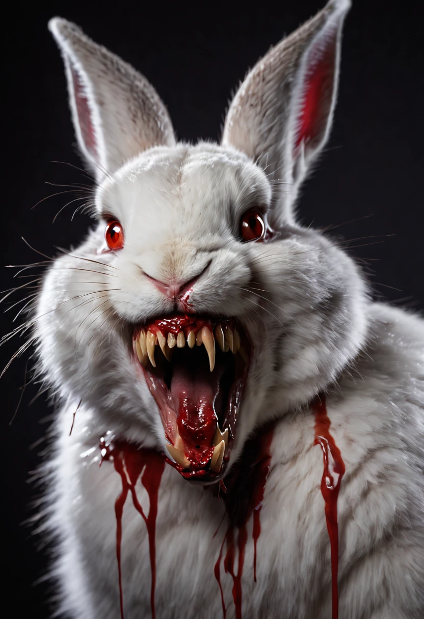 Killer rabbit with fangs, sharp teeth, white fluffy fur, blood dripping from mouth, bladed claws