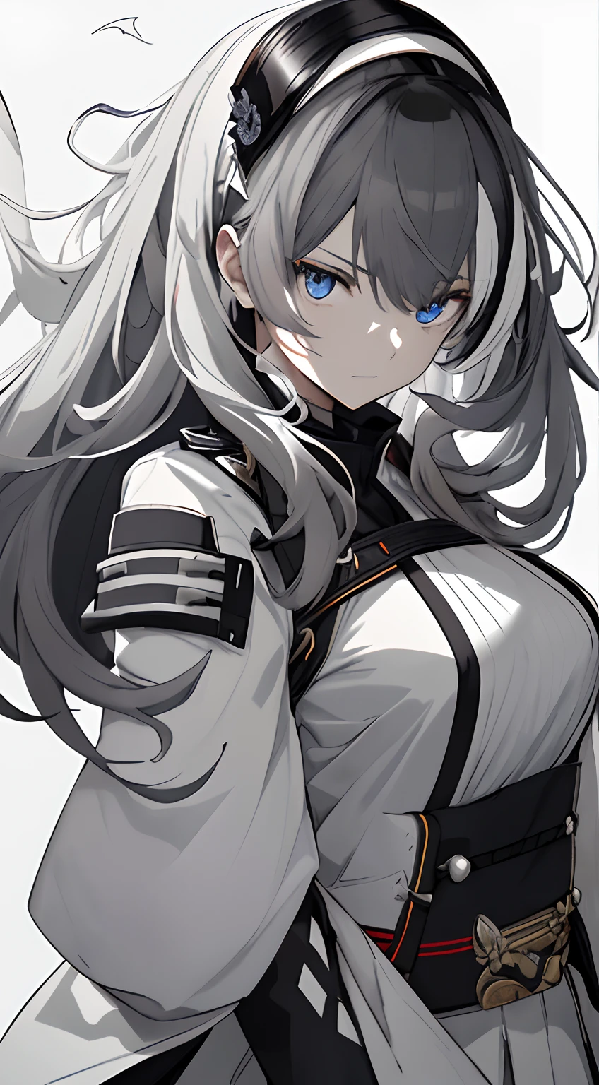 Japanese Katana Sword、Samurai sword、Full body、White one-piece military uniform、 Jet black head of hair,(masutepiece:1.2, Best Quality), (finely detailed beautiful eye: 1.2), (Detailed background,Dark Fantasy), (beautifull detailed face), High contrast, (Best Illumination, extremely delicate and beautiful), ((Cinematic Light)), Colorful, Hyper Detail, Dramatic light, Intricate details,Very blue eyes, Shining eyes, long hair flowing with the wind、very Bigger breasts、Belt under the chest、White military uniform, white skirt, Long hair fluttering in the wind, swords, jet-black hair, Blue eyes, Black tie, Serious look, (Gray white background:1.7), gotik