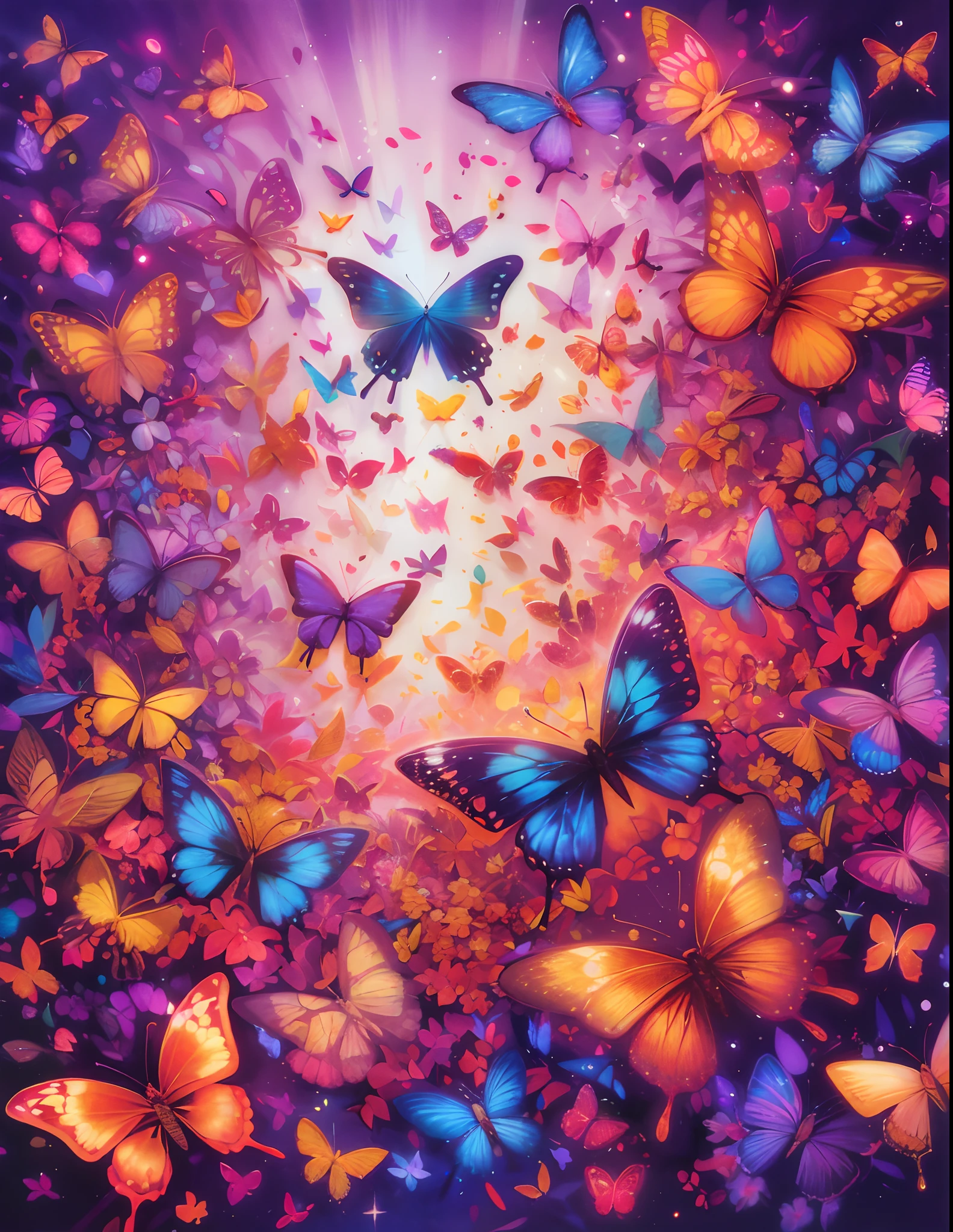(best quality,highres,ultra-detailed),a butterfly, a kaleidoscope of butterflies, lots of glowing butterflies,purple and pink, gold and red,vibrant colors,abstract art,diverse textures,playful composition,bright lights,energy flow,harmonious design,transformational patterns,interconnected lines,surreal atmosphere,nature-inspired elements,symmetry,fluid motion,shimmering effects,mysterious depth,mesmerizing optical illusions,visual poetry