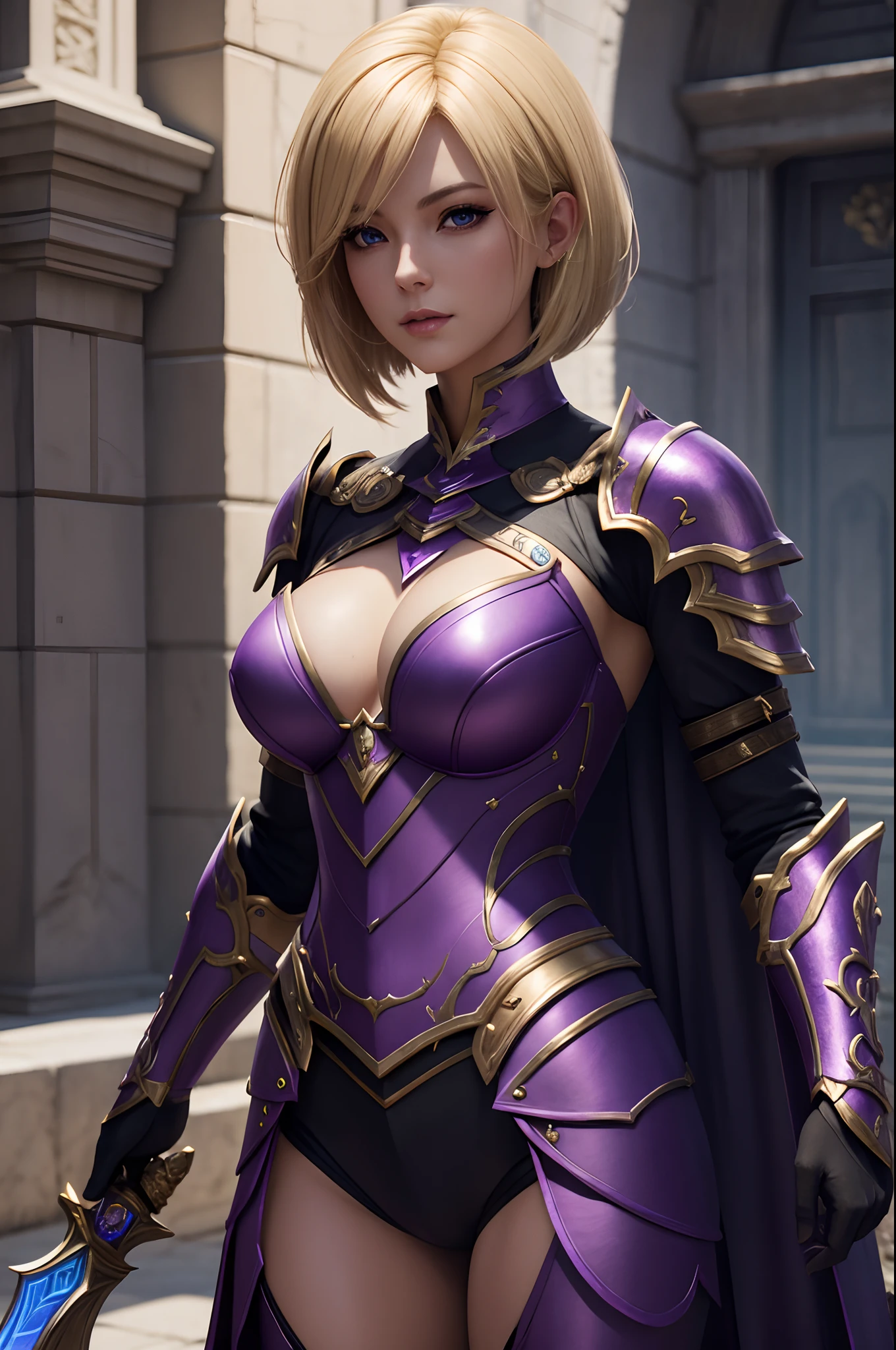 Blonde short bob hair,Super beauty,Arapheud woman in gorgeous purple exterior posing with a sword, super detailed fantasy characters, 3 d render character art 8 k, ArtGerm ; 3d unreal engine, fantasy outfit, 4 k detail fantasy, 2. 5 d cgi anime fantasy artwork, stunning armor, fantasy character, Gorgeous Female Paladin, alluring mesmer woman, Stunning character art