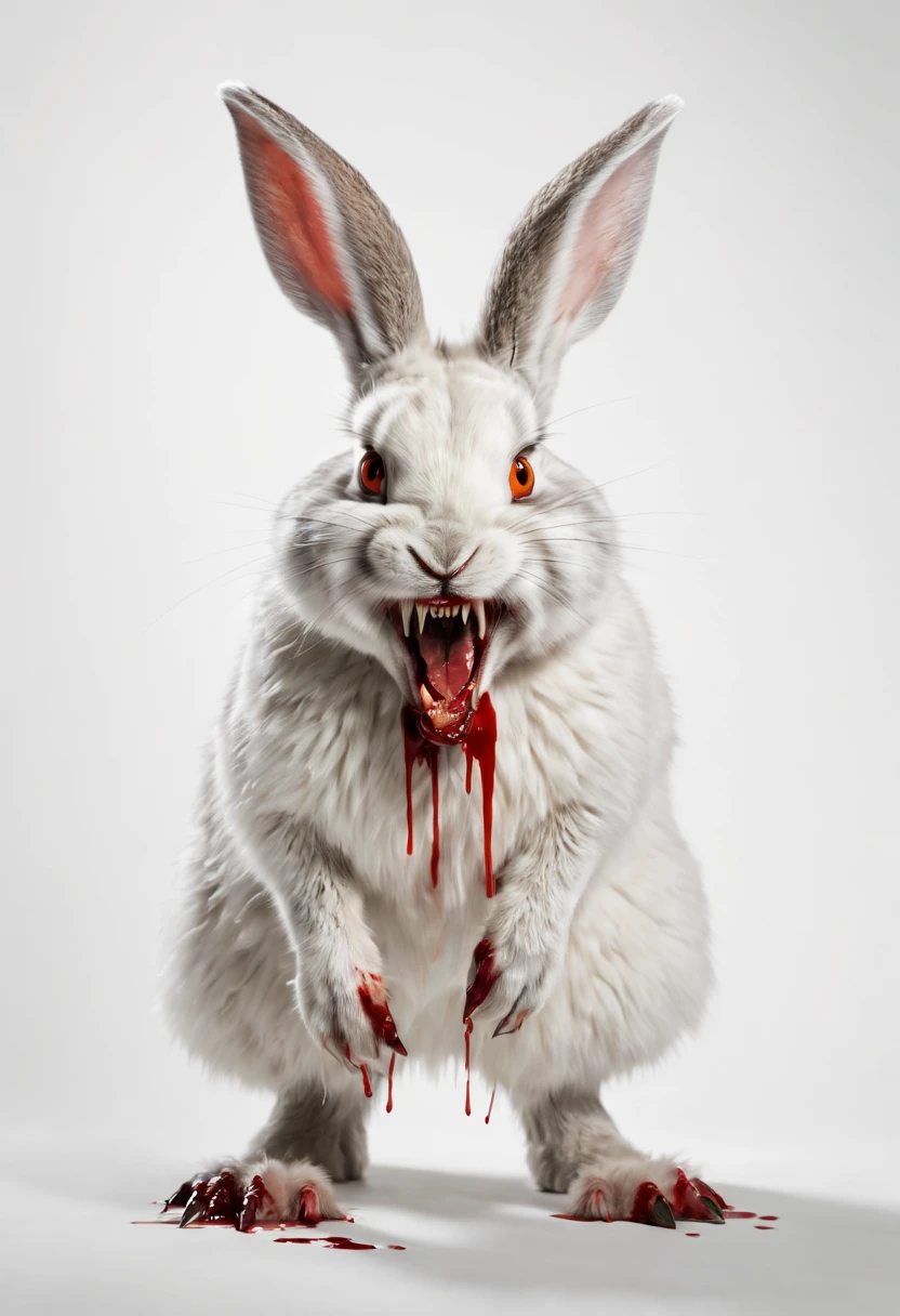 Killer rabbit with fangs, sharp teeth, standing on hind legs, white fluffy fur, blood dripping from mouth, bladed claws