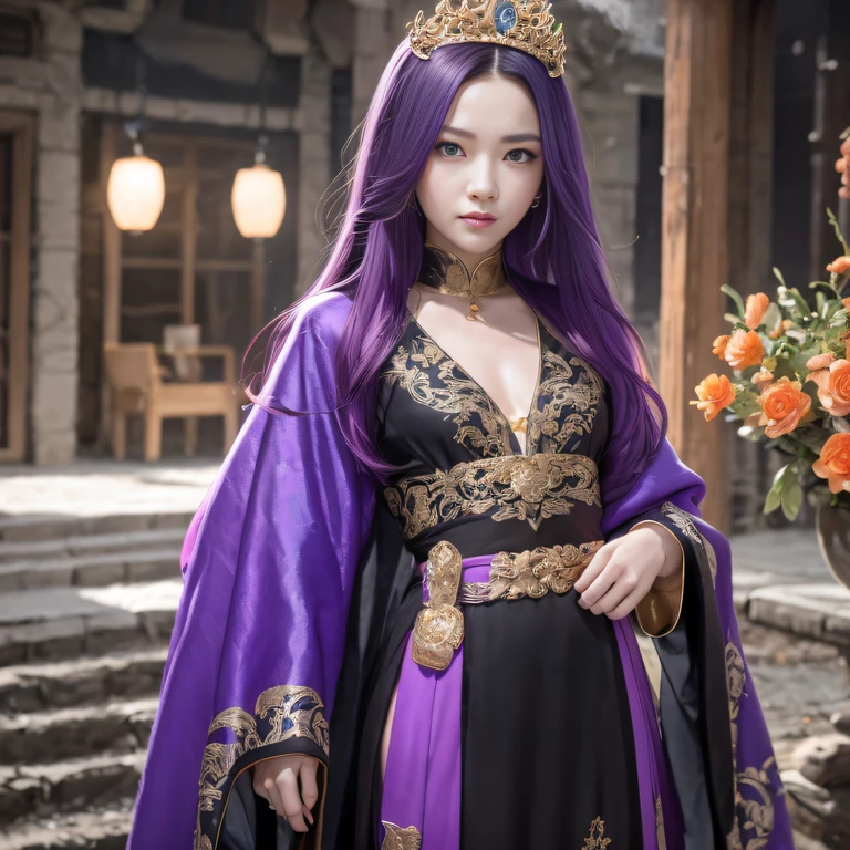 32K（tmasterpiece，k hd，hyper HD，32K）Long flowing bright purple hair，Autumn Pond，zydink， a color， Asian people （Silly girl）， （Silk scarf）， Combat posture， looking at the ground， long whitr hair， Floating bright purple， Fire cloud pattern gold tiara， Chinese long-sleeved gold silk garment， （abstract ink splash：1.2）， white backgrounid，Lotus protector（realisticlying：1.4），Bright purple hair，Smoke on the road，The background is pure， A high resolution， the detail， RAW photogr， Sharp Re， Nikon D850 Film Stock Photo by Jefferies Lee 4 Kodak Portra 400 Camera F1.6 shots, Rich colors, ultra-realistic vivid textures, Dramatic lighting, Unreal Engine Art Station Trend, cinestir 800，Long flowing bright purple hair