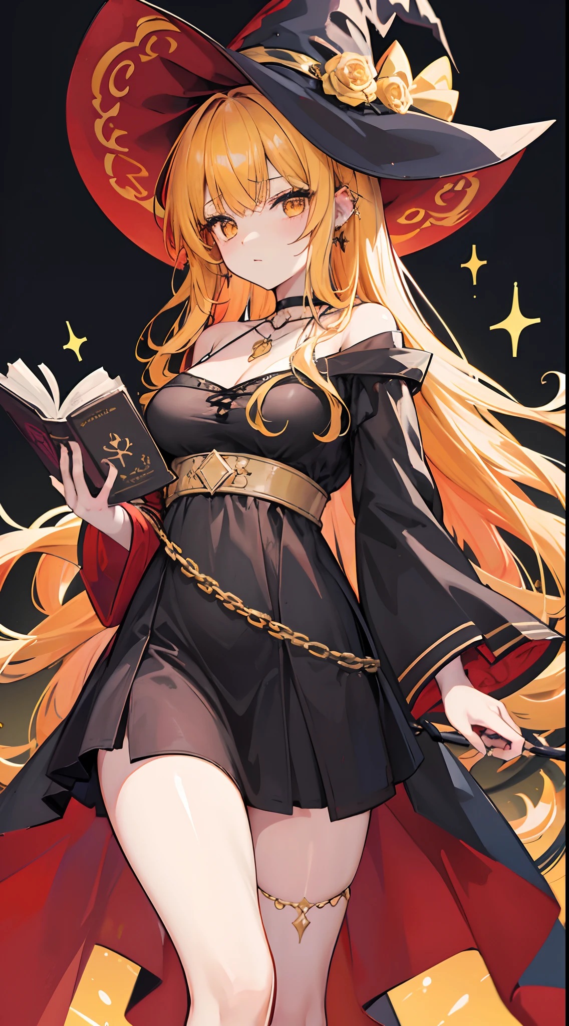 Long lemon yellow curly hair，dishiveredhair，Reddish-brown eyes，the witch，A busty girl with a super good body，Wearing a witch's hat，A black dress that matches the witch，wands，magic book，Flying broom，choker necklace，gyuru，耳Nipple Ring，Dress up in a robe or cloak，