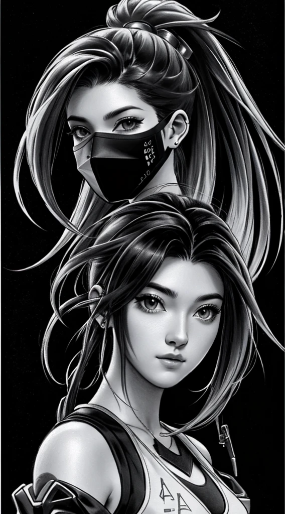 ,(character sketch:1.1),(charcoal drawing:1.2),Sketch,(pencil drawing:1.3),Charcoal painting style,Black and white,character sketch, high resolution, 1womanl, Solo, (Detailed face), kda,bioluminic, Black and white galactic cybernetic mask, Portrait, SH4G0D,