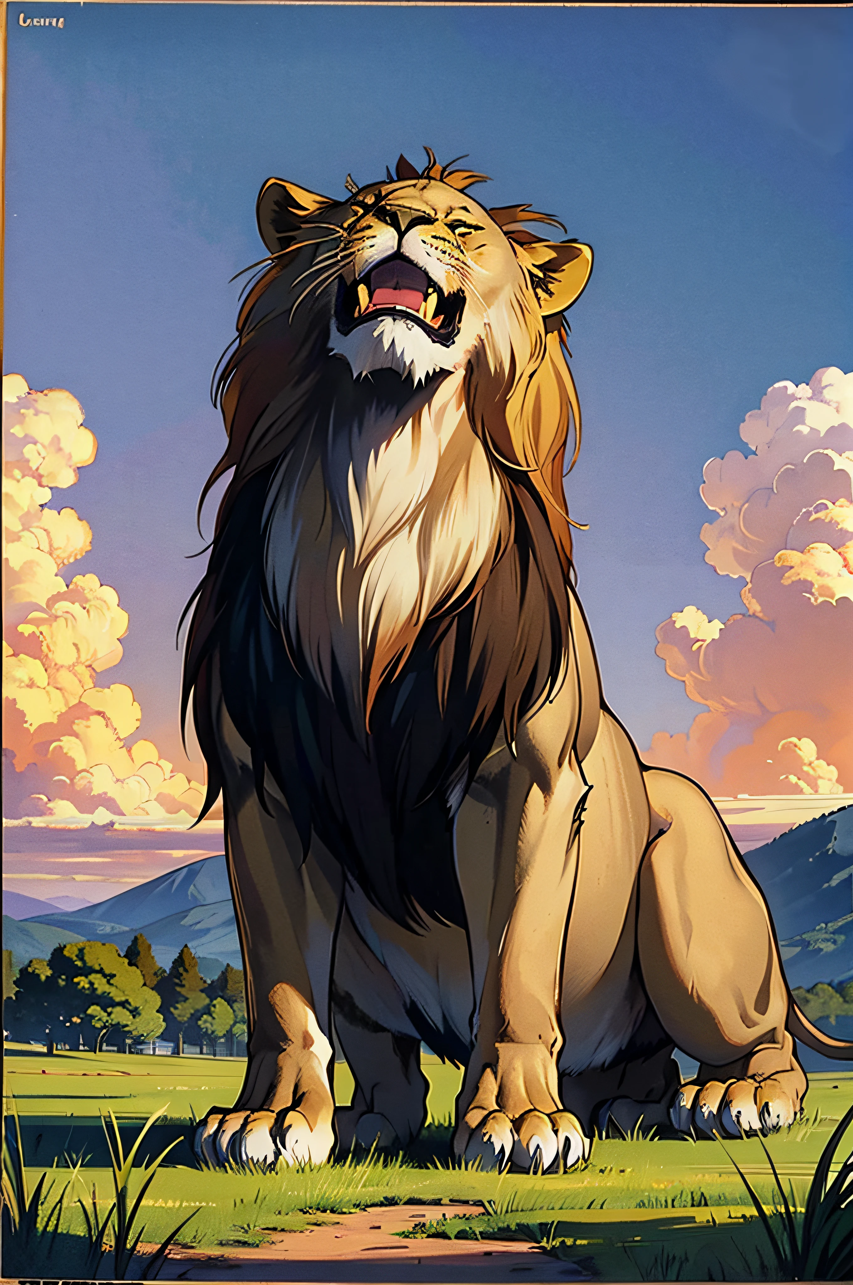 The lion is looking up.., ((1 large lion)), Standing sideways., Yellow sky, Blue Mountain, Green meadows, comic