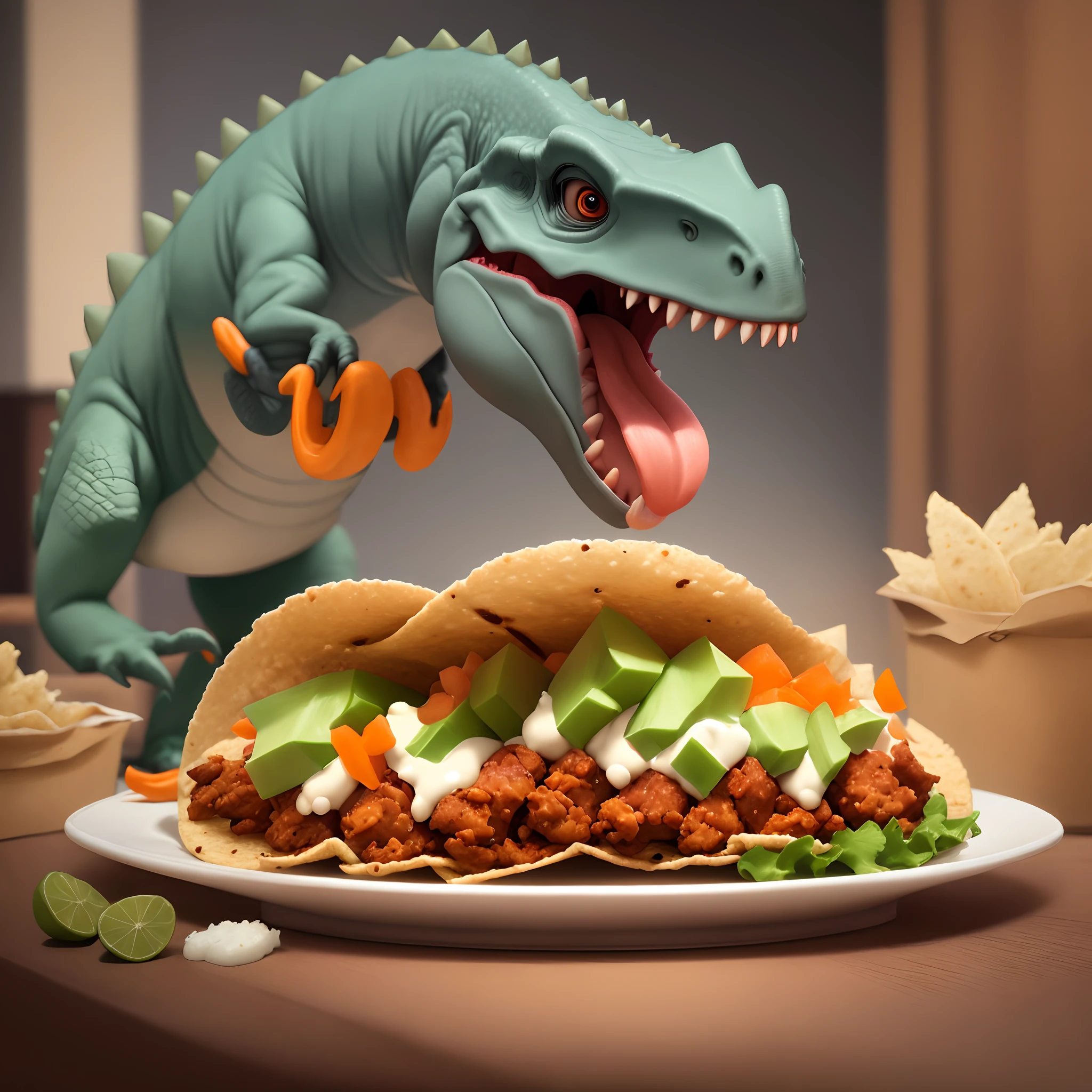 Cute dinosaur eating tacos