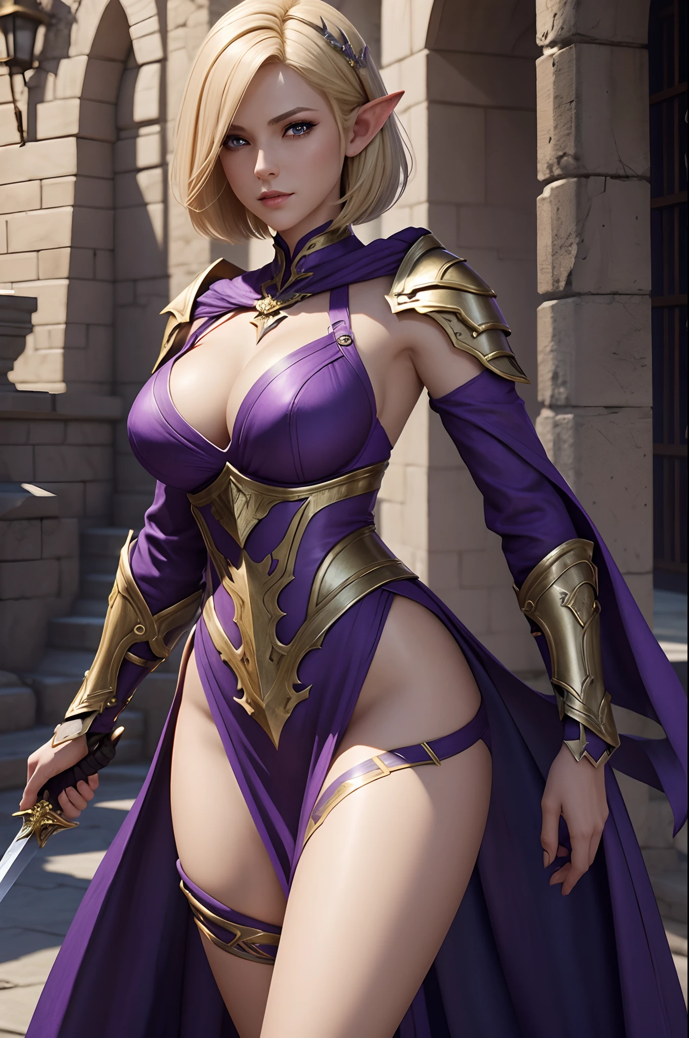 Blonde short bob hair,Super beauty,Arapheud woman in gorgeous purple exterior posing with a sword, elf-ears,super detailed fantasy characters, 3 d render character art 8 k, ArtGerm ; 3d unreal engine, fantasy outfit, 4 k detail fantasy, 2. 5 d cgi anime fantasy artwork, stunning armor, fantasy character, Gorgeous Female Paladin, alluring mesmer woman, Stunning character art