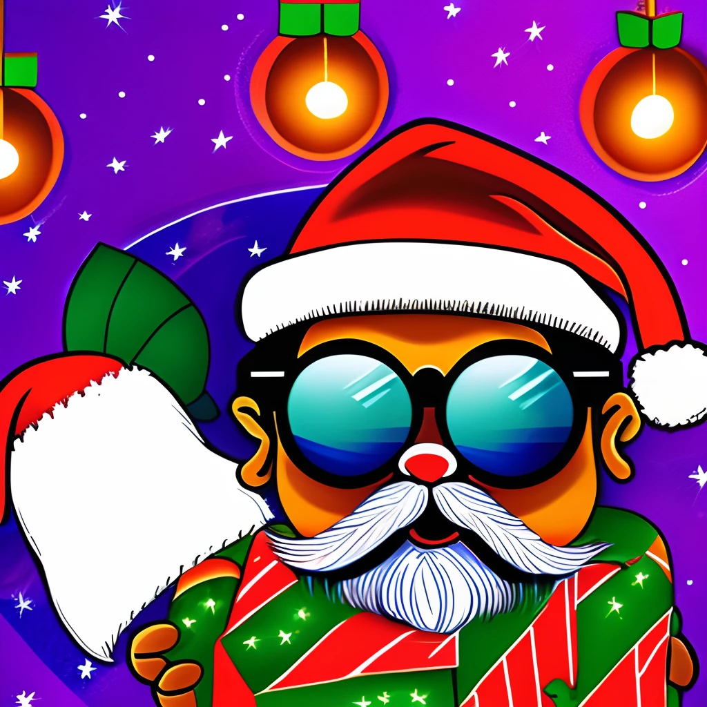 Cartoon Illustration of a Christmas themed CACTUS wearing stylish sunglasses and reading the naughty list, the CACTUS is wearing a Santa hat and has Christmas lights wrapped around its neck, isolated on a white background --auto --s2