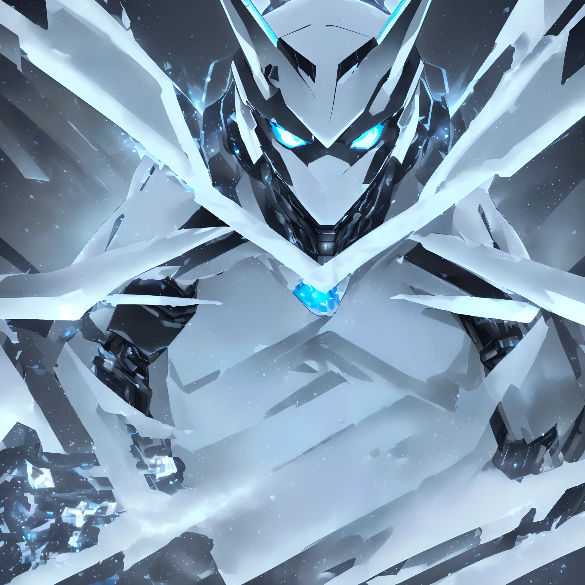8k, (best quality, masterpiece),(1cybernetic black and white wolf, blue coloured exhaust fumes escaping from body, detailed face, blue eyes, looking at viewer, black ears, closed mouth, fierce looking, black hind legs, snow covered), (less blue light, snow flakes, swirling many blue glass pieces behind, floating objects, night sky)