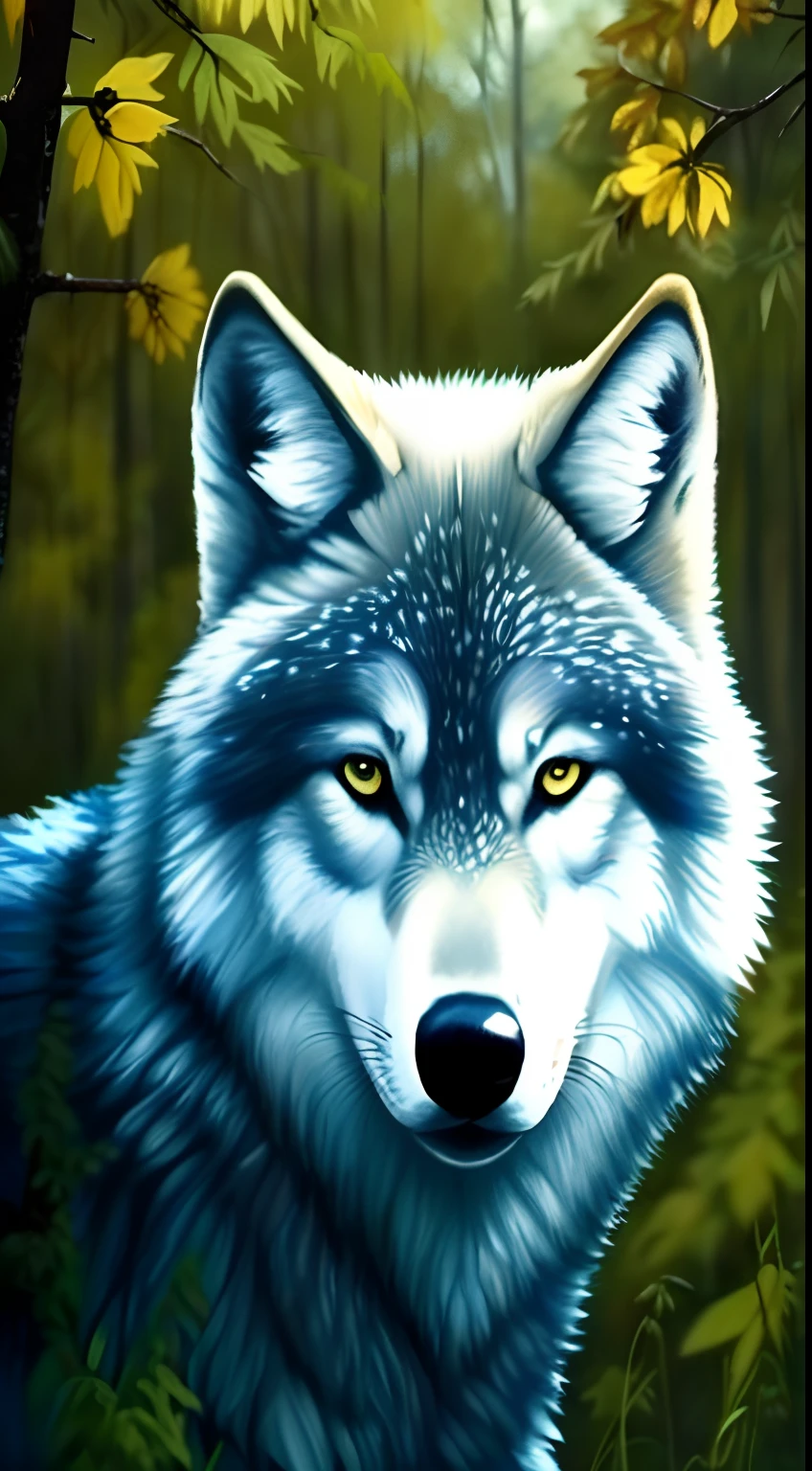 A painting of a wolf in the forest with trees, lobo azul, retrato do lobo, grande lobo, retrato do lobo da fantasia, alpha wolf head, Lobo branco com olhos azuis, Retrato de um lobo, lobo, lobo hiper detalhado - como o rosto, wolf head, Ele tem olhos de lobo amarelos, lobo peludo, lobo cinzento escuro, foto de lobo, lobo branco, Wolp