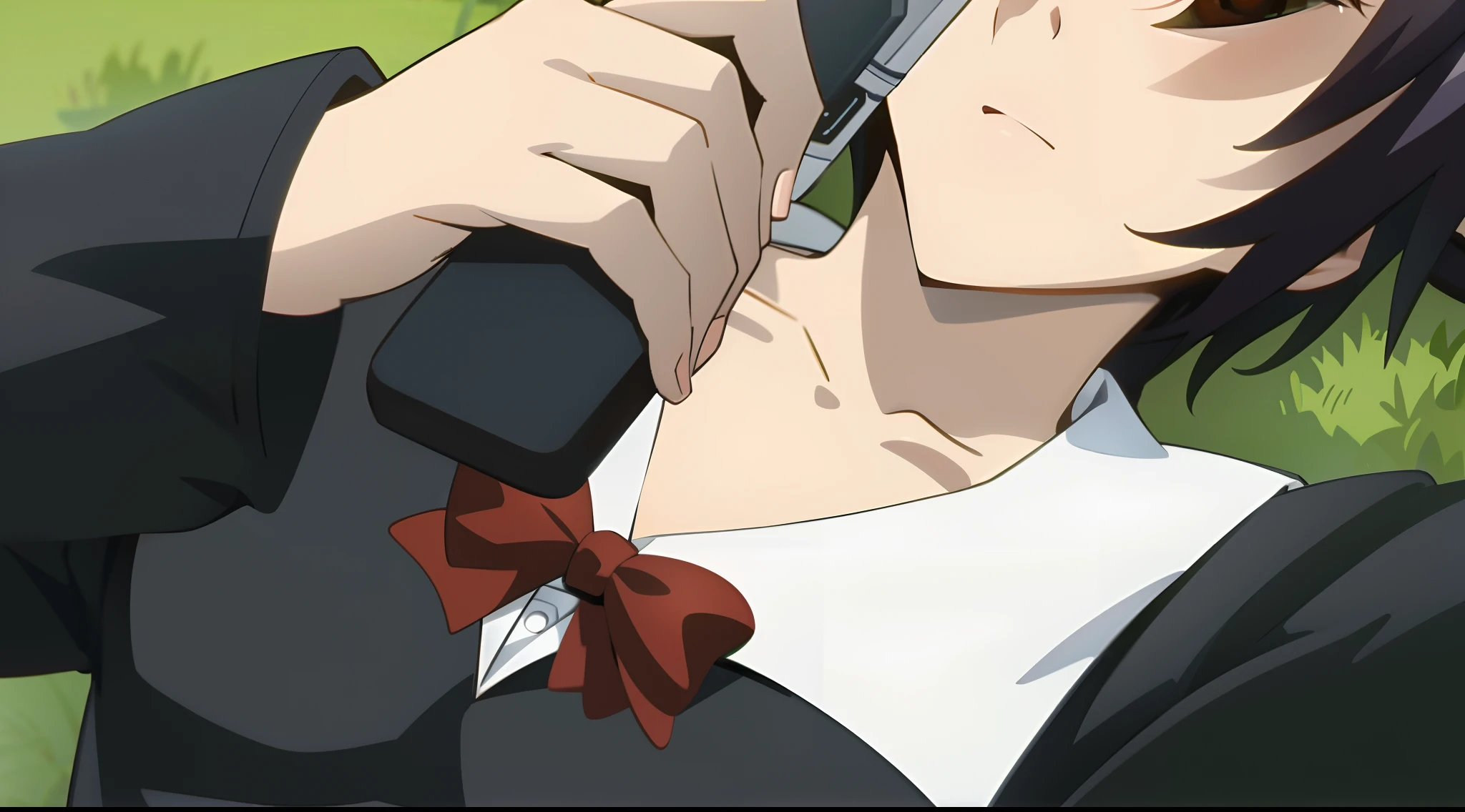 Imagem de anime de um mulher falando em um telefone celular em um campo, empunhando kunai, gendo ikari smoking a joint, Close up de Lain Iwakura, captura de tela de um anime de 2012, em um anime, captura de tela do anime, Extremely sharp detail, olhe para esse detalhe!, Close Up Iwakura Lain, Close up de Iwakura Lain