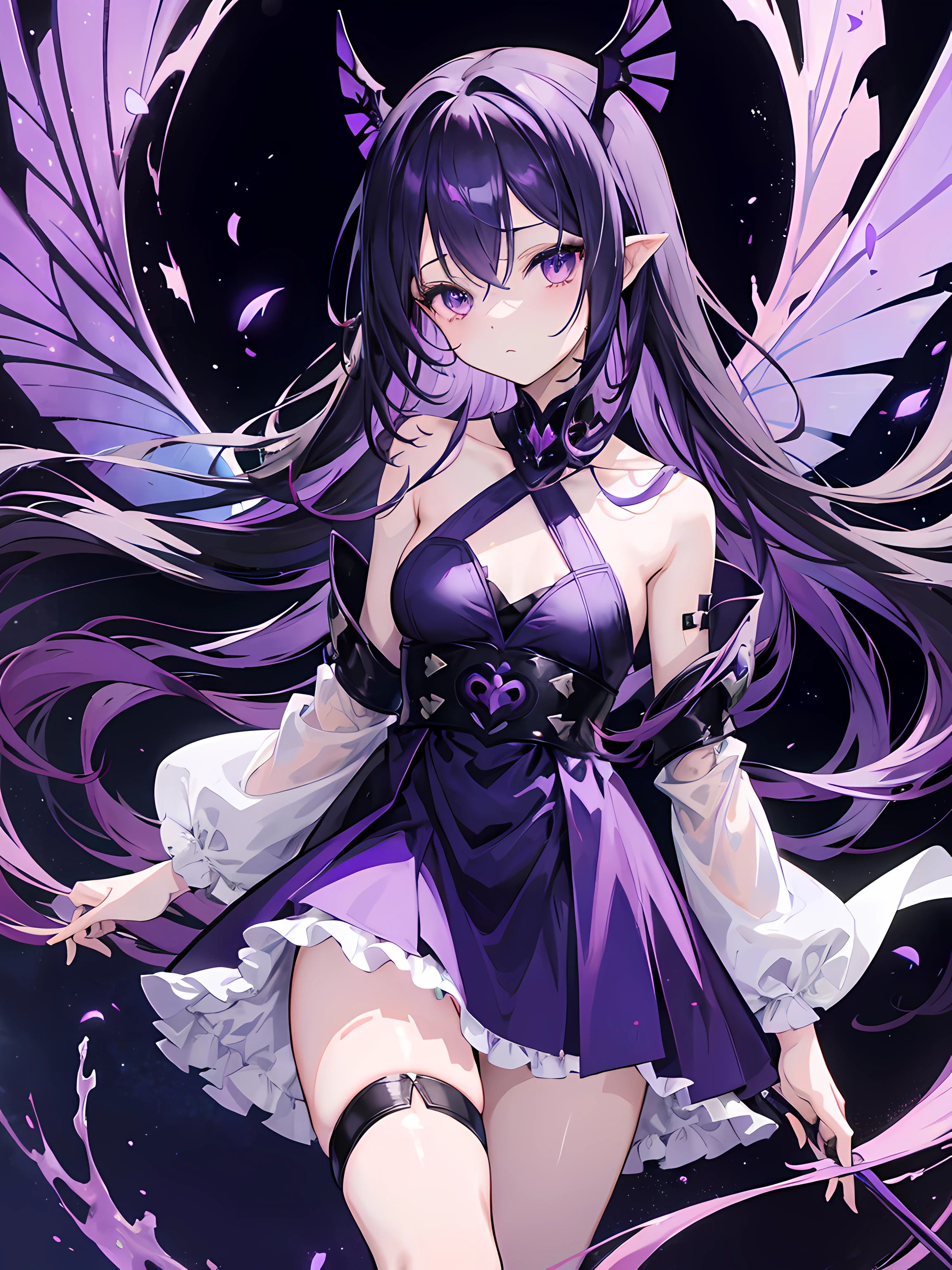 anime girl standing, black background, (1girl), long purple hair, purple eyes, purple flower hairpin, small breasts, no sleeves purple dress, purple butterflie, beautiful anime artwork, ultrasharp, masterpiece, high res, 8k