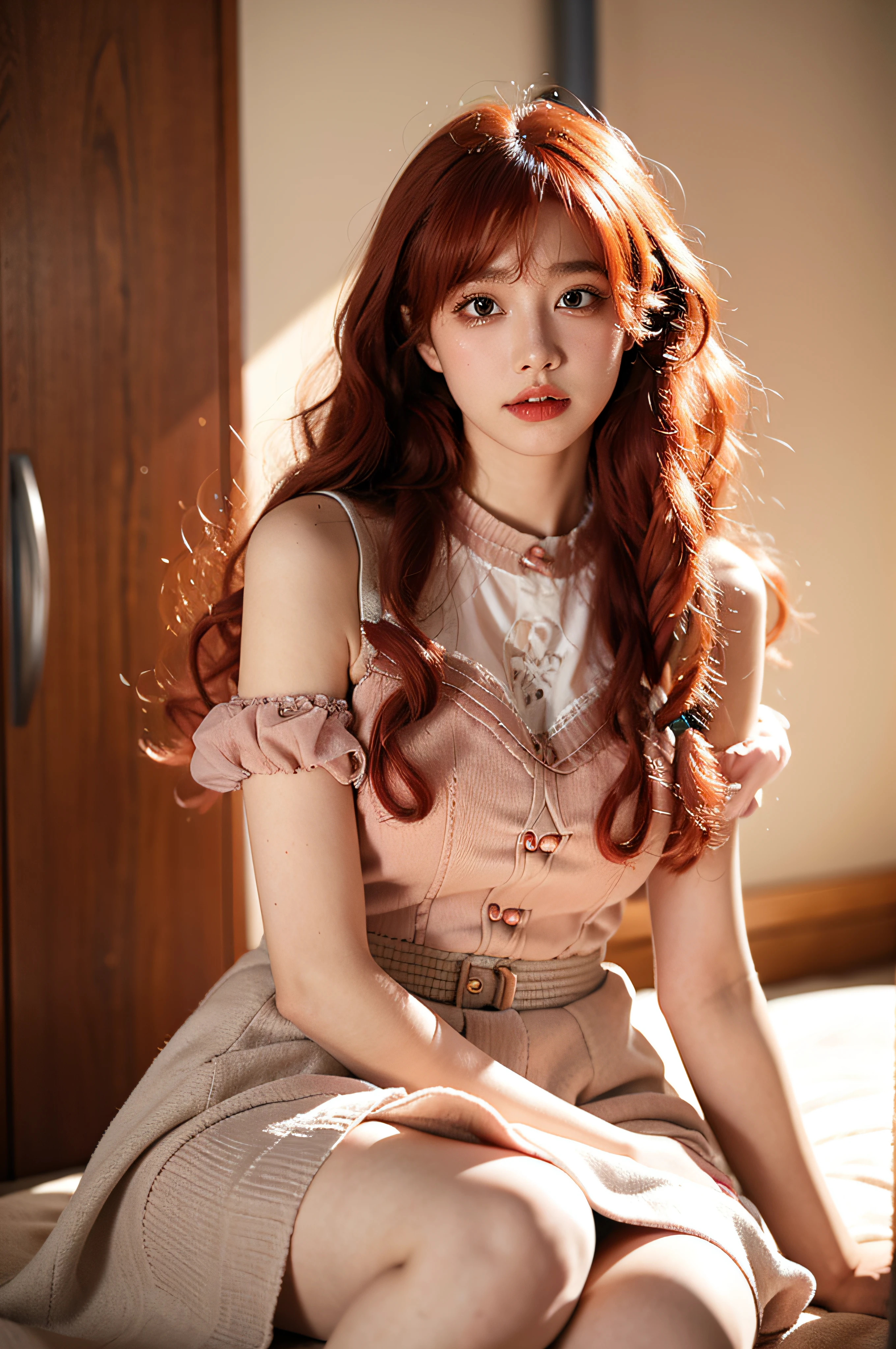 1girll,face,Curly hair,Red hair,softlighting,a skirt