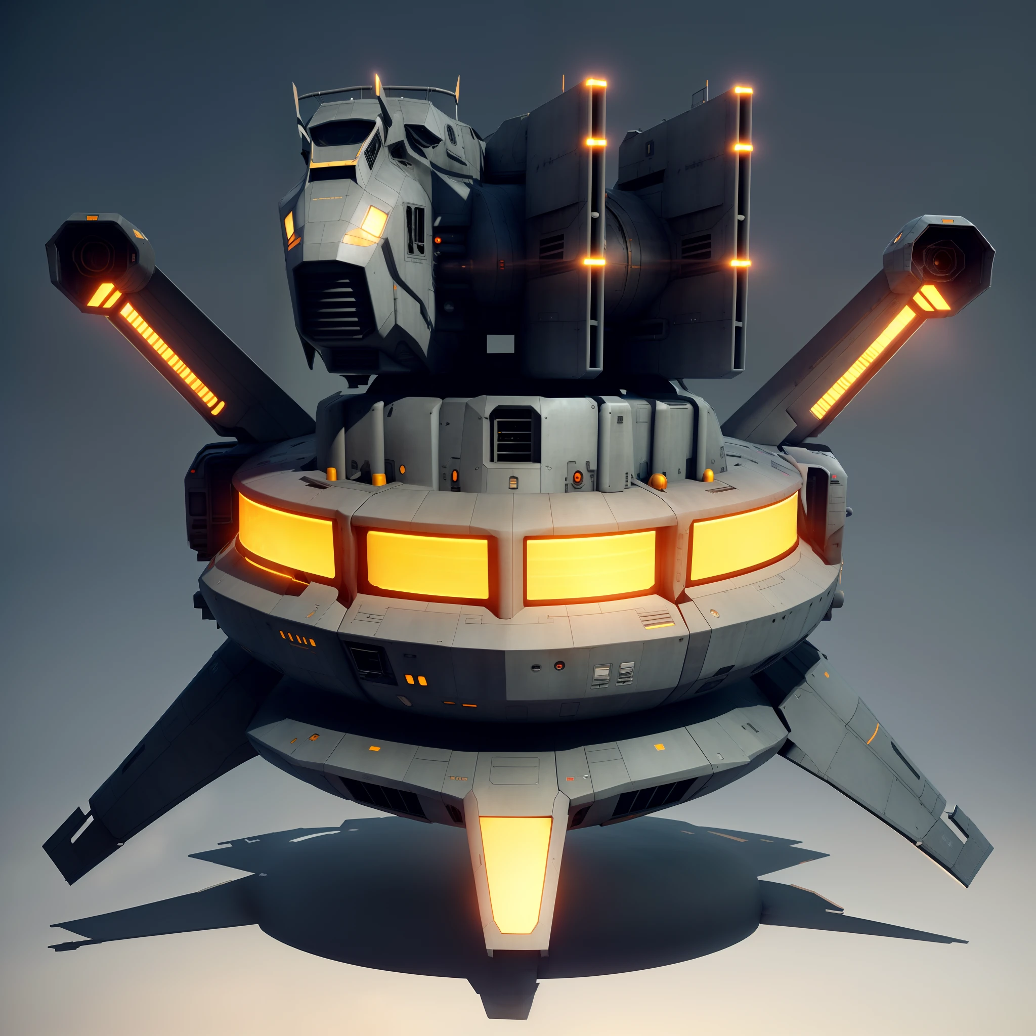 There are lights on board，Sit at a table with a gray background, detailed spaceship, scifi spaceship, futuristic spaceship, retro sci-fi spaceship, Futuristic outpost building, scifi space station, futuristic space station, brutalist space ship, Spaceship, industrial humanity spaceship, futuristic starship, rendered in keyshot, space ship, futuristic low-poly battle tank, detailed crash space ship