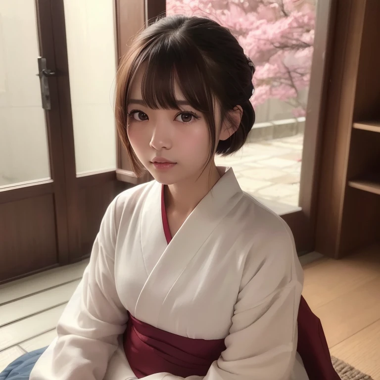 (8K、RAW Photography、top-quality、​masterpiece:1.2)、(realisitic、Photorealsitic:1.37)、女の子1人、japanes、age19、femele、during daytime、traditional Japanese room、komono、natural soft light、(Front view)、dark brown hair、bob cuts、详细的脸、Detailed lips、detailedeyes、More skin、二重まぶた、Make eye contact with the camera