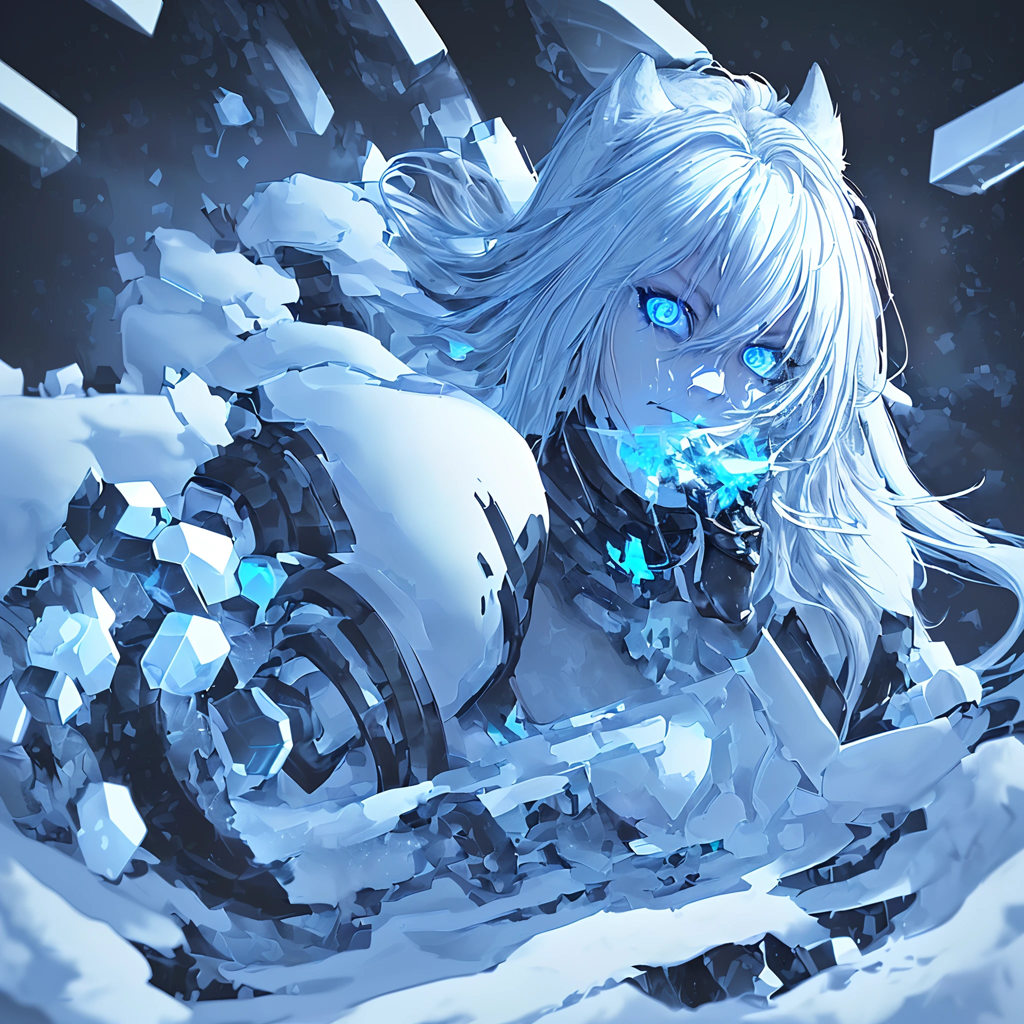 8k, (best quality, masterpiece),(1cybernetic black and white wolf, blue coloured exhaust fumes escaping from body, detailed face, blue eyes, looking at viewer, black ears, closed mouth, fierce looking, black hind legs, snow covered), (less blue light, snow flakes, swirling many blue glass pieces behind, floating objects, night sky)