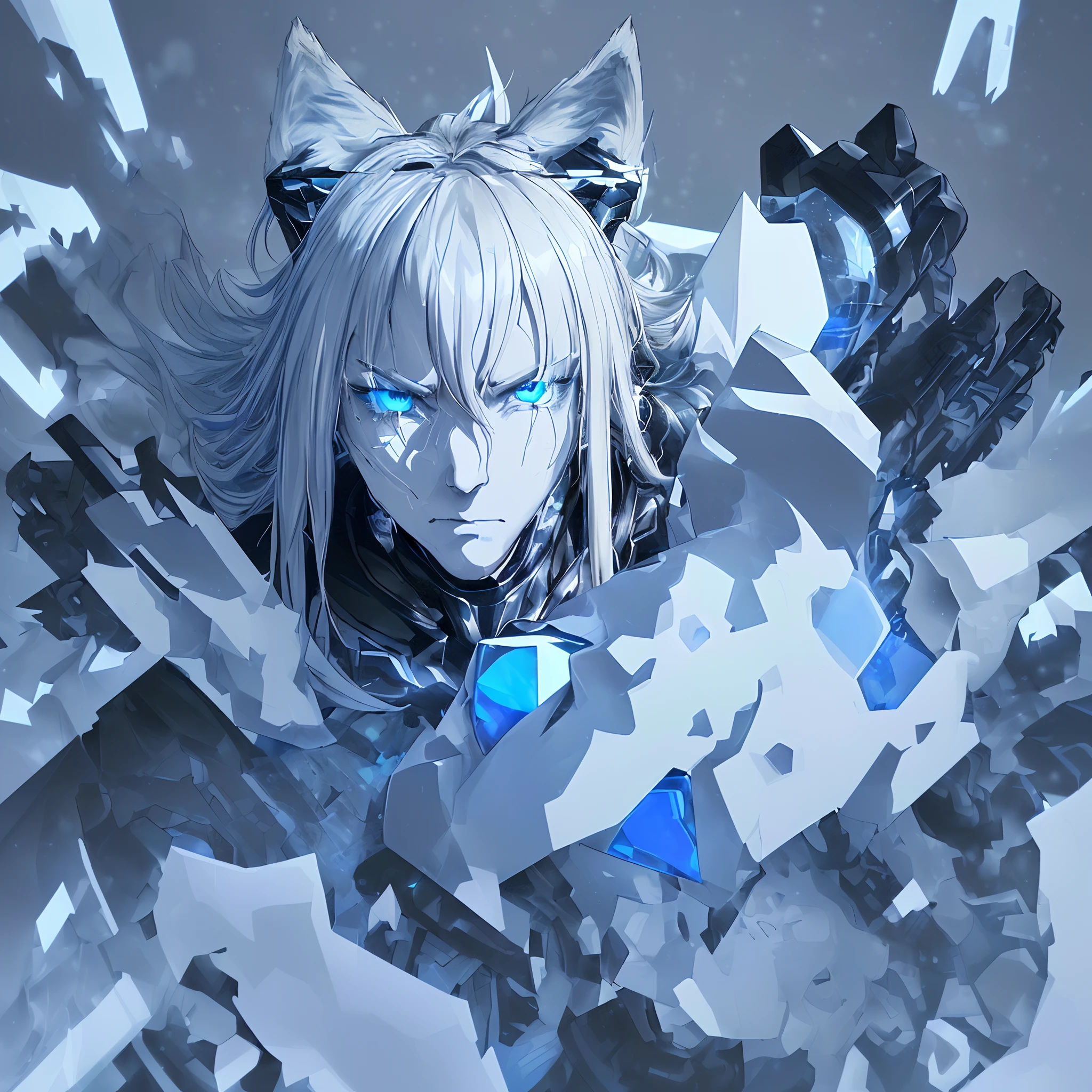8k, (best quality, masterpiece),(1cybernetic black and white wolf, blue coloured exhaust fumes escaping from body, detailed face, blue eyes, looking at viewer, black ears, closed mouth, fierce looking, black hind legs, snow covered), (less blue light, snow flakes, swirling many blue glass pieces behind, floating objects, night sky)