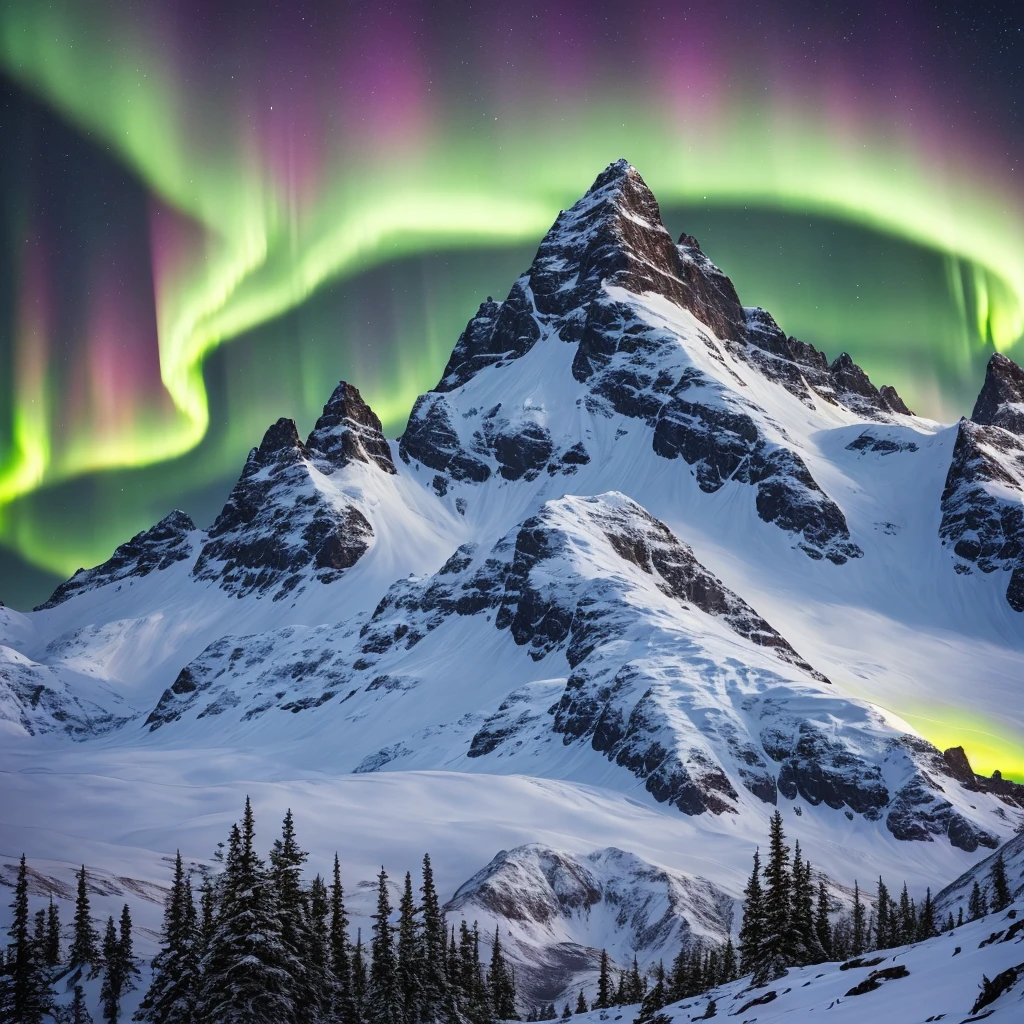 Three mountain peaks covered in snow with the northern lights in a night sky above.